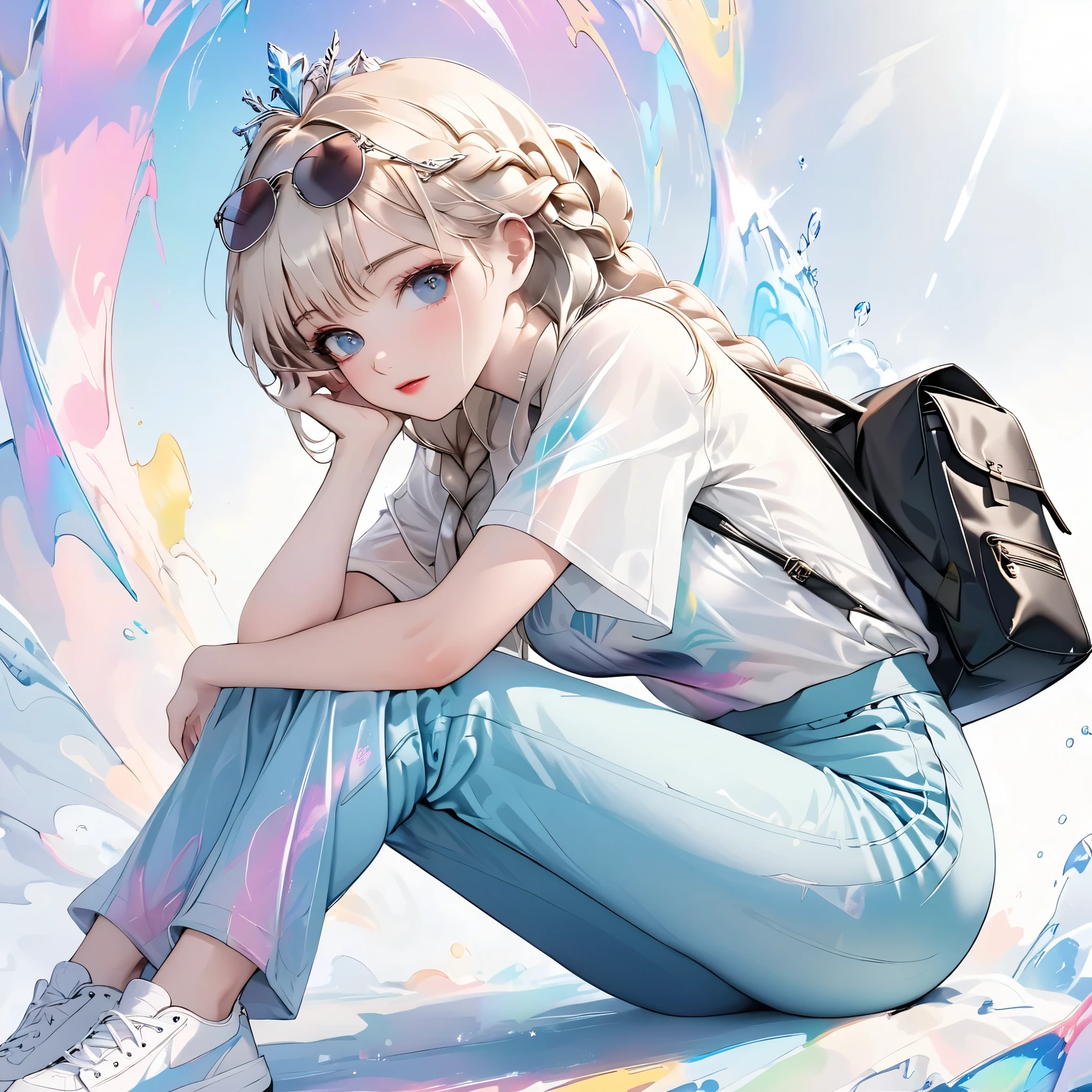 (beautiful girl:1.3),1girl,masterpiece,Highest quality,Ultra-high resolution,rich contrast,super high quality,8k,Highly detailed CG unit wallpaper,texture,Incredibly absurd,Ultra-high resolution,Highest quality anime,professional photograph,an extremely delicate and beautiful,RAW Photos,Depth of Field 1.2,ultra-detailed eyes,Glitter Effect,Beautiful glossy lips, 25years old, gorgeous legs, noise perfect, gorgeous , 1girl, gorgeous , dynamic pose, sensual woman,  woman, mature woman, Milf, maternal, shy look, full body, elsa, princess elsa from frozen, Her hair is platinum blonde, her hair is braided and reaches her waist, pink lips, blue eyes, (type of photo: medium shot, portraying the person from head to waist), Casual Chic Set (Urban Style): Upper: Light gray oversized cotton T-shirt with an abstract artistic print in pastel tones. The neck is round and slightly elastic. Bottom: High-waisted, straight-cut jeans, worn at the thighs and subtly ripped at the knees. Shoes: White sports shoes, with metallic details on the sides. Accessories: Large sunglasses, black leather backpack and a minimalist watch.