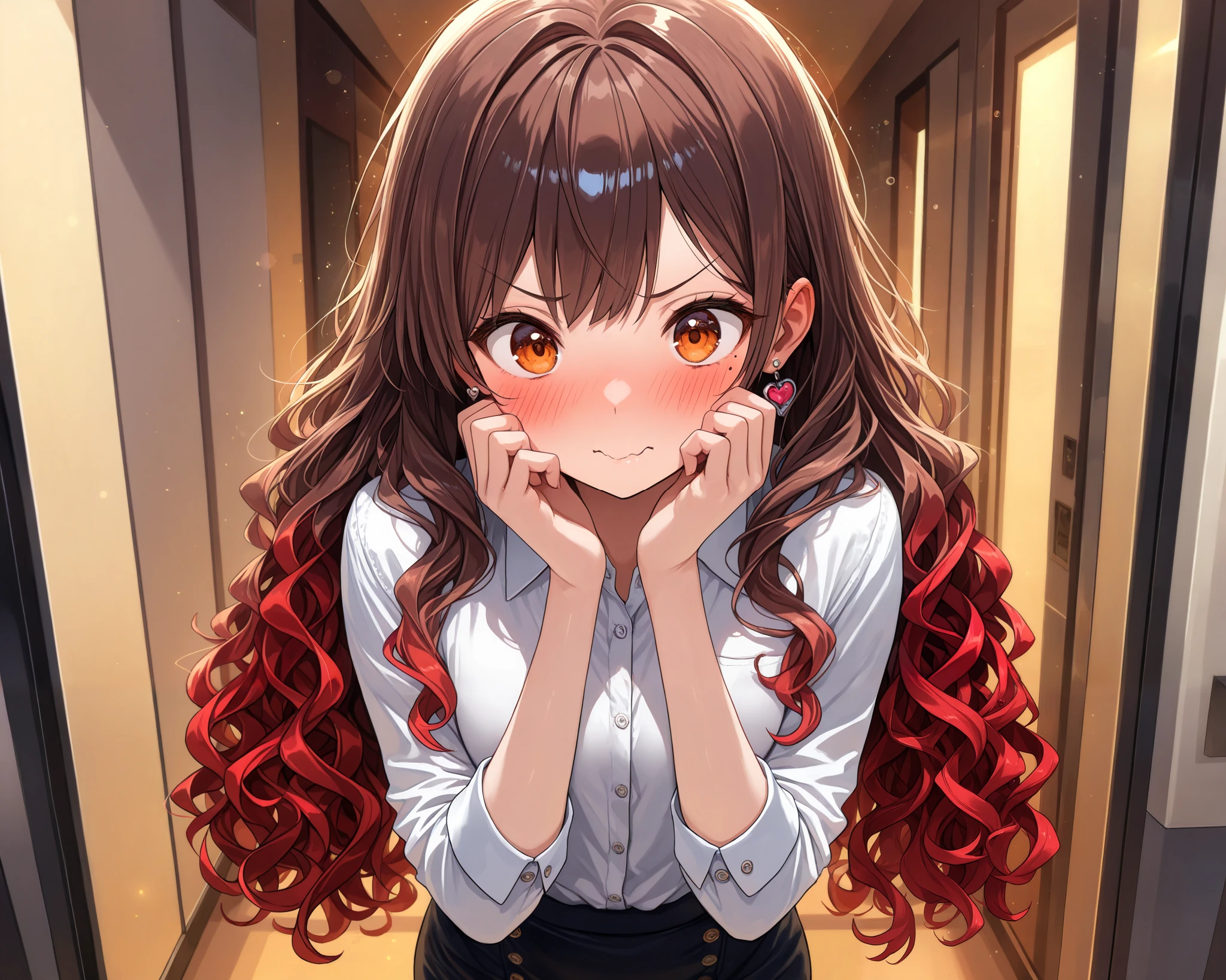 a surprised expression, embarrassed, hands on own face, wavy mouth, v_shaped eye brows, very cute face, cute girl, solo, long hair, wavy hair, ((brown hair with red ends)), Mole under the left eye, orange eyes, flat breasts, taut collared shirt, heart Pierced earrings, blush, Corridor, flawless smooth skin, particles, fractal, (best quality,4k,8k,highres,masterpiece:1.2),ultra-detailed,intricate details, high fashion, dramatic lighting, warm colors, chiaroscuro