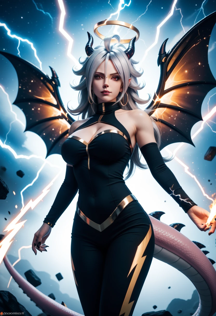 Stormy Daniels as a hyper-giant, Hyper-powerful demon with a demon horn on its head and demon wings, and throws purple lightning bolts at a building, ville en ruine post apocalyptique,