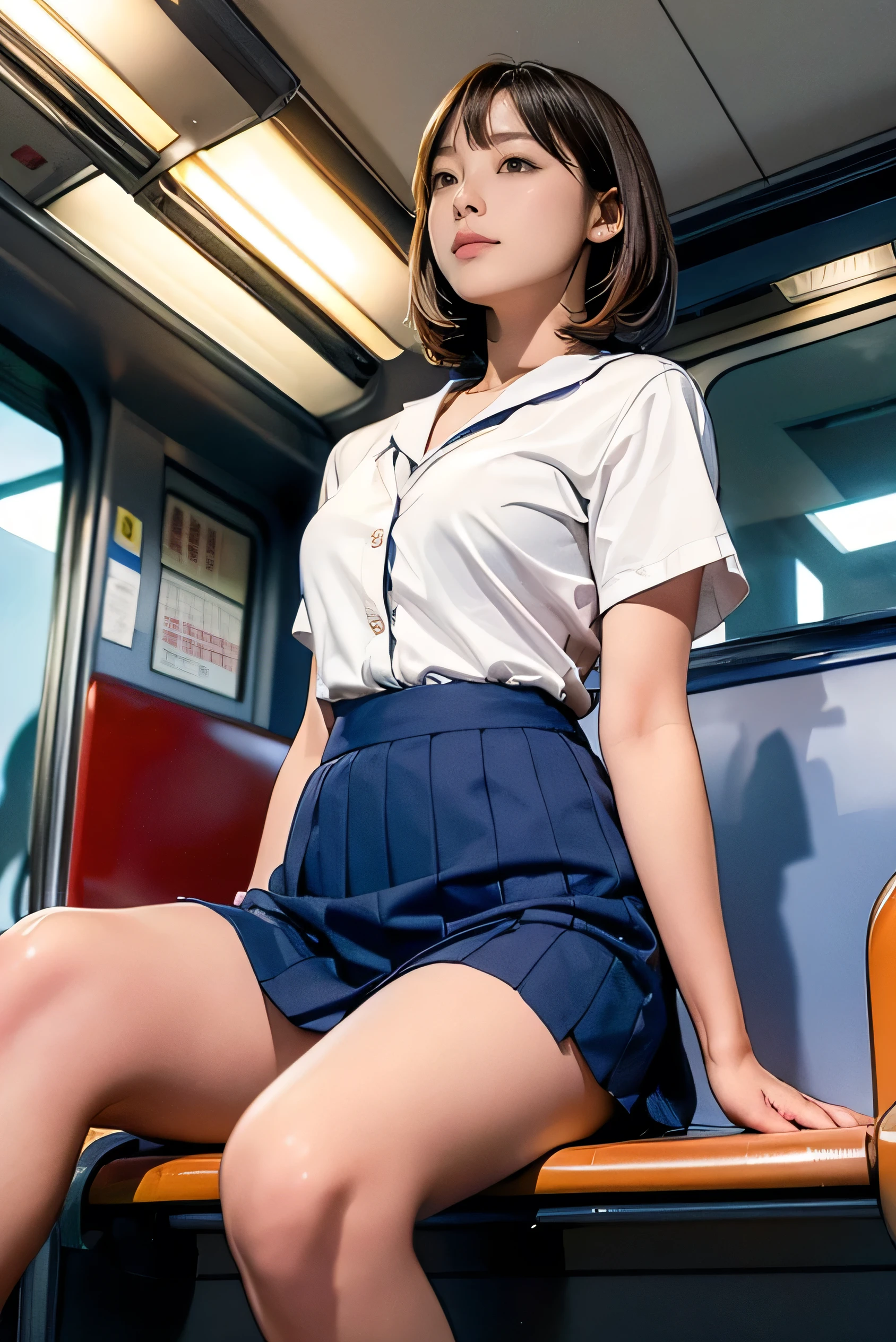 High-definition images, atmospheric perspective, 8K, Super detailed, Accurate, highest quality,
1 girl, alone, chest, looking at the viewer, (look at the audience,:1.5),
brown hair, brown eyes, parted lips, smile slightly、underwear, panties, (japanese school uniform),
(navy blue mini skirt), (sit on a train seat:1.5), (spread your legs to the side:1.4)、underwear, panties, parted lips,
lips, (navy blue skirt), full body shot, (((spread your legs, crossed arms))), showing sexy 、(whiteの panties:1.5), realistic ,
(white, collared shirt, ribbon tie),
(Do not expose your upper body:1.5),((Ceiling from below:1.2))、((from below:1.38))、
(turn your body toward the viewer:1.5) , (from below, look up:1.5), ((15 year old Japanese girl, short bob))
