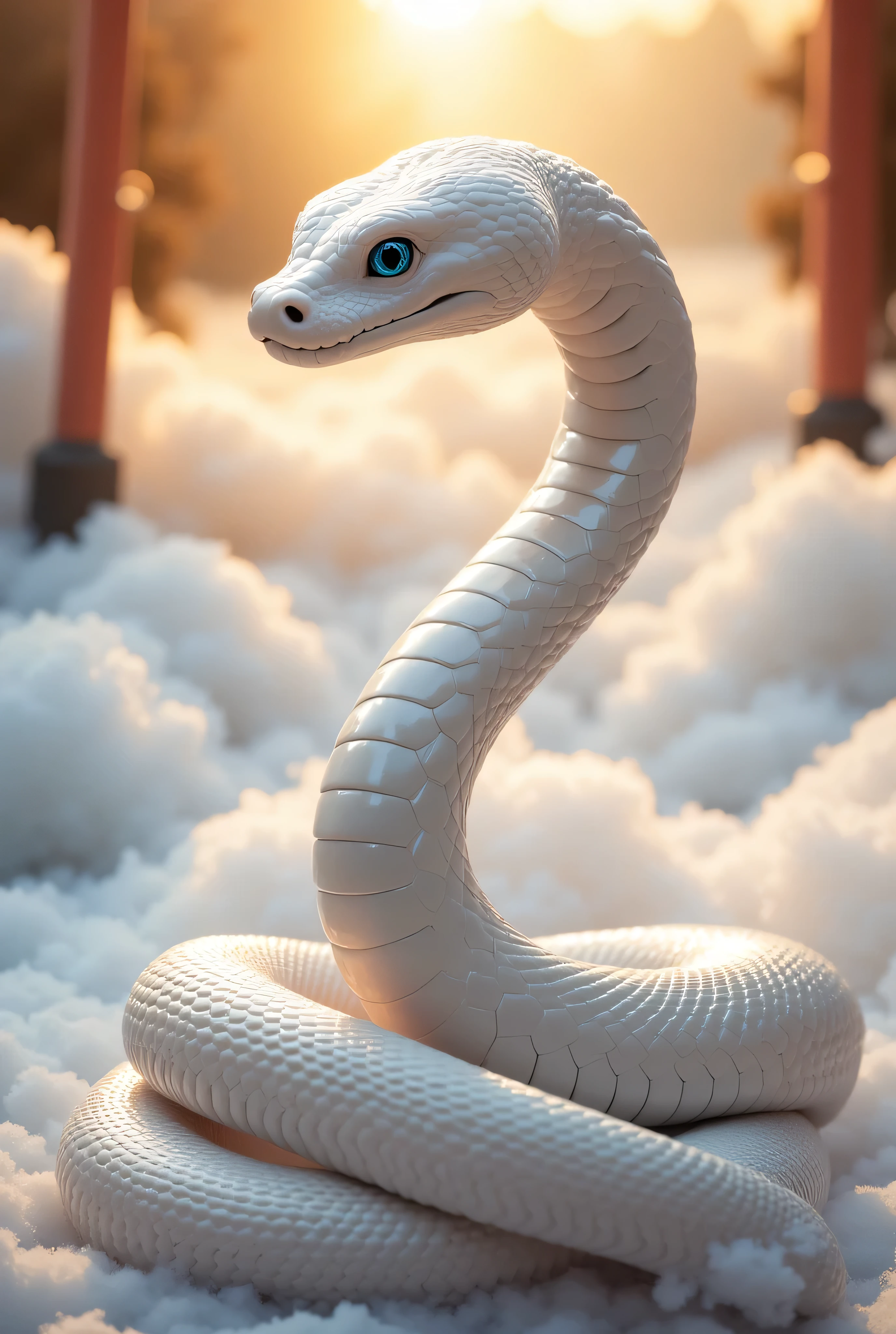 A realistic photograph with the prayer "Resurrection and Rebirth" beautifully written in gold calligraphy. A sacred white snake coils gracefully. Its shimmering scales have a pale pink pattern and reflect the light like glass. The snake is poised and gazes at the viewer with its sparkling blue eyes, exuding strength and grace. In the background, a glowing spiritual cloud covers the image, and a vermilion torii gate can be seen faintly in the distance. front view,