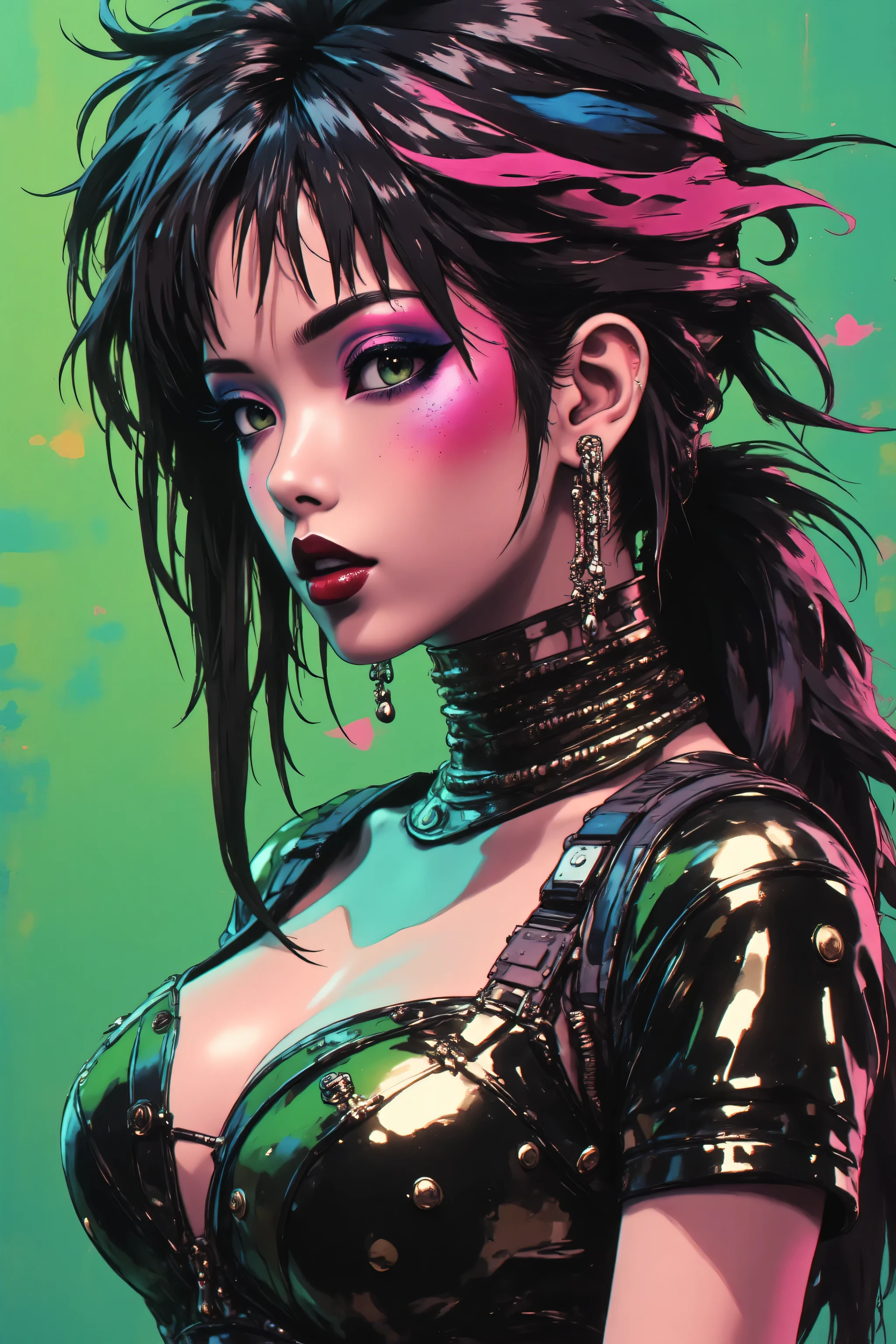 80’s glam rock makeup on shiny face, asian girl, anime, 2.5D, moody lighting, (green, pink, gold), pretty, sexy, minimal, sleek, slender, asian, elegant, futuristic, retro, sophisticated half human half machine, mouth open wide, Kizi,(eyes looking off to side), Highly detailed, Amazing work,Vitreous luster, blues, yellows, Best quality at best,shiny skin, no background, colorful background, green background, pink background, gold, background, plunging neckline, sexy pose, dynamic pose, heavy blushing, huge breasts,