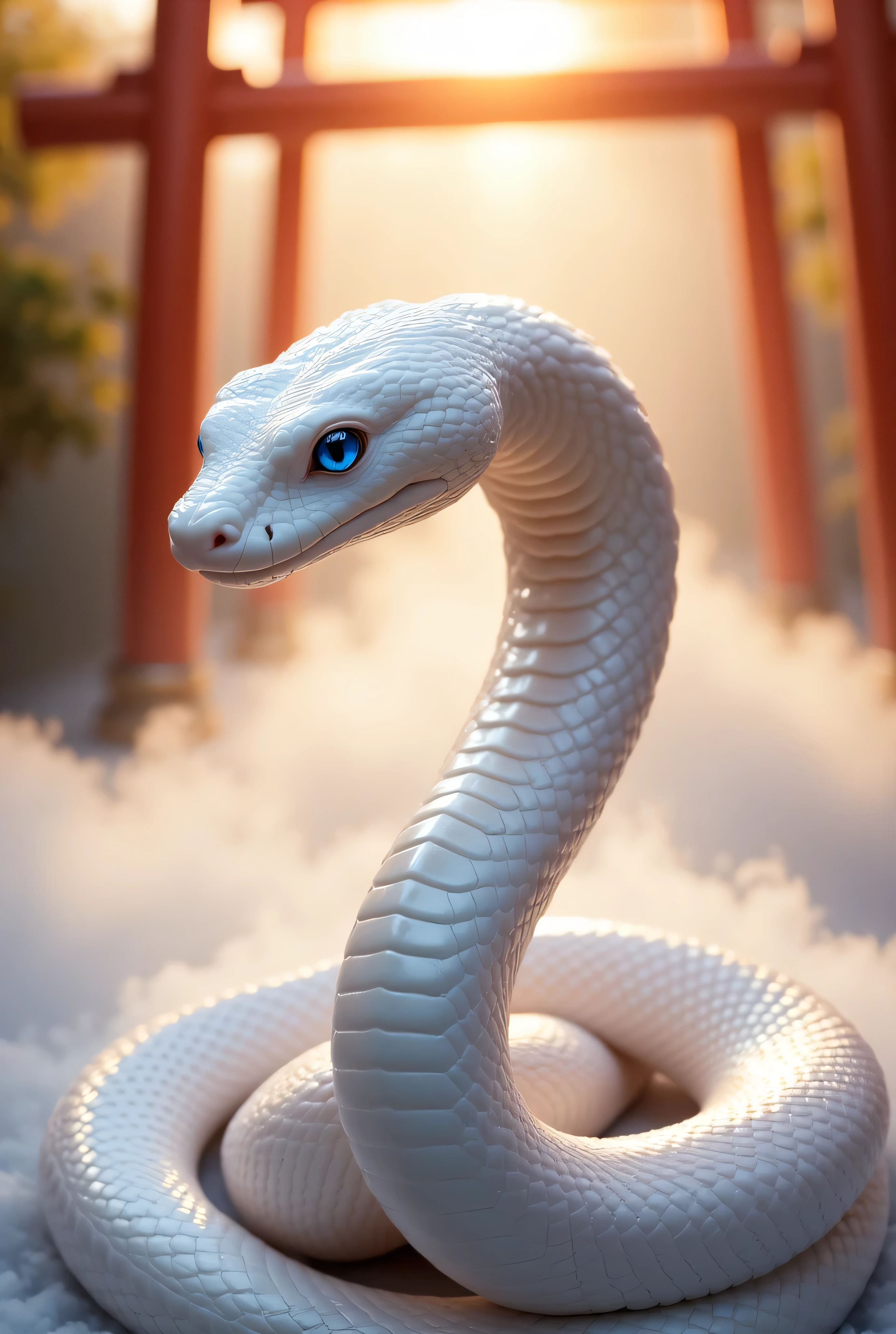 A realistic photograph with the prayer "Resurrection and Rebirth" beautifully written in gold calligraphy. A sacred white snake coils gracefully. Its shimmering scales have a pale pink pattern and reflect the light like glass. The snake is poised and gazes at the viewer with its sparkling blue eyes, exuding strength and grace. In the background, a glowing spiritual cloud covers the image, and a vermilion torii gate can be seen faintly in the distance. front view,