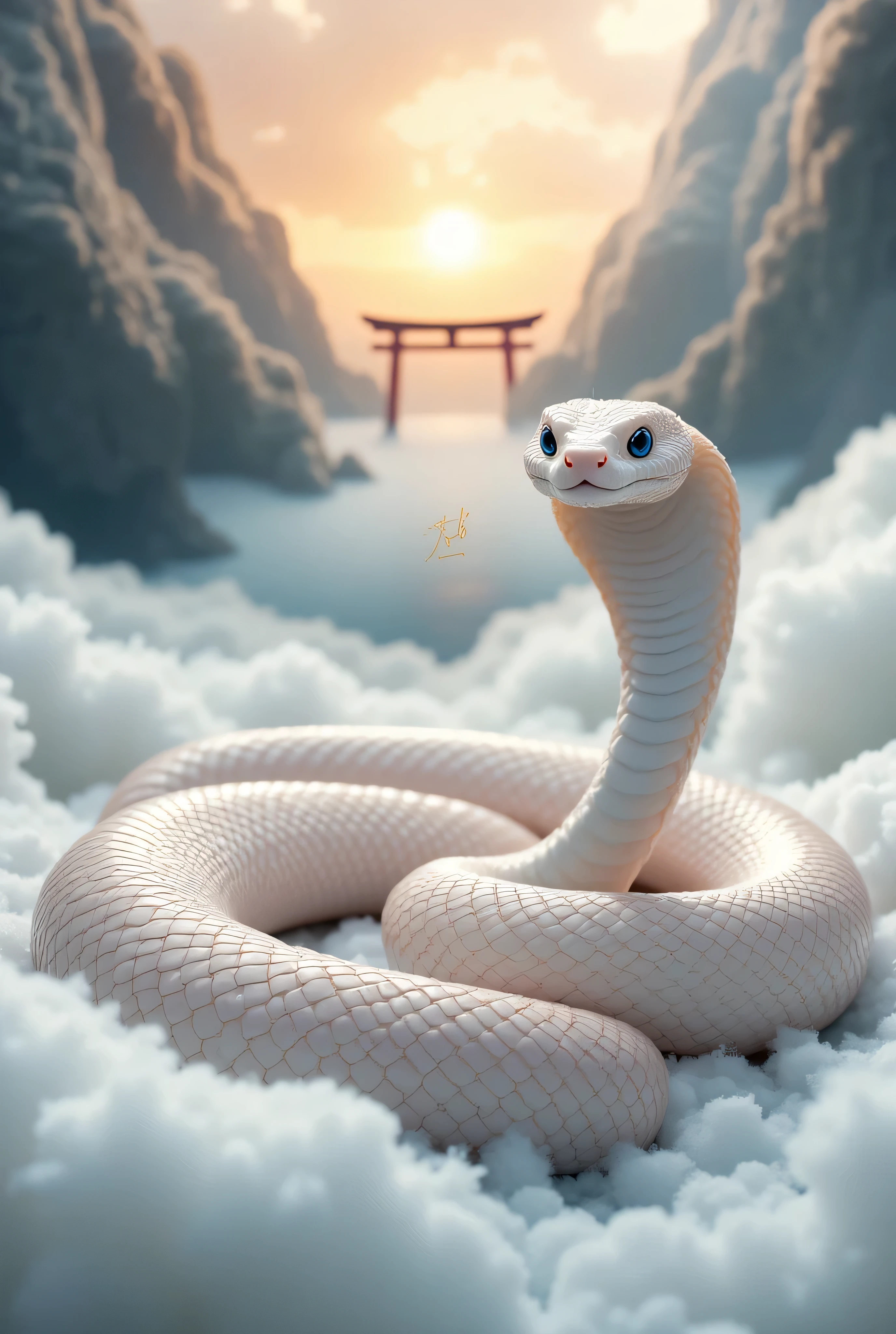 A realistic photograph with the prayer "Resurrection and Rebirth" beautifully written in gold calligraphy. A sacred white snake coils gracefully. Its shimmering scales have a pale pink pattern and reflect the light like glass. The snake is poised and gazes at the viewer with its sparkling blue eyes, exuding strength and grace. In the background, a glowing spiritual cloud covers the image, and a vermilion torii gate can be seen faintly in the distance. front view,