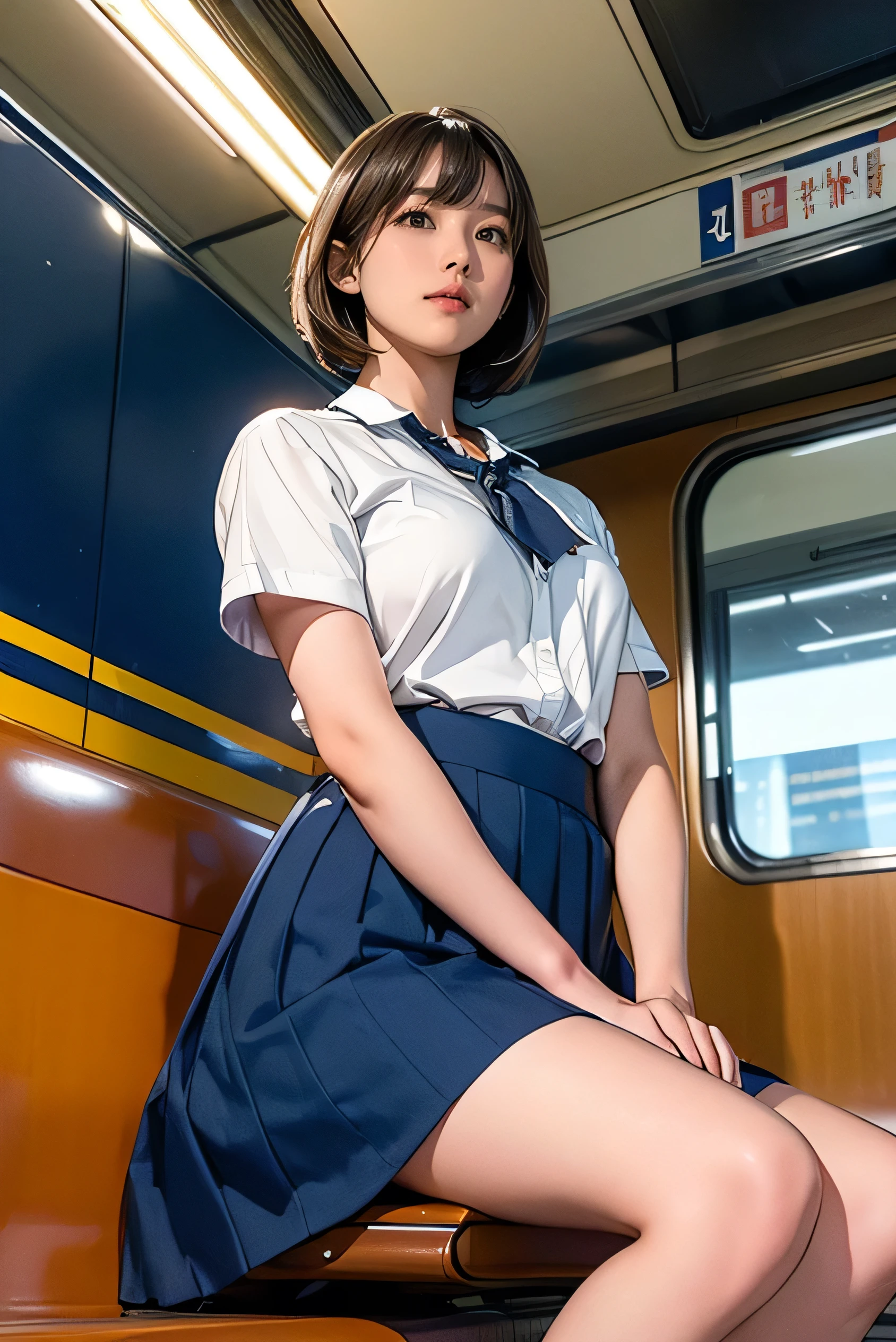 High-definition images, atmospheric perspective, 8K, Super detailed, Accurate, highest quality,
1 girl, alone, chest, looking at the viewer, (look at the audience,:1.5),
brown hair, brown eyes, parted lips, smile slightly、underwear, panties, (japanese school uniform),
(navy blue mini skirt), (sit on a train seat:1.5), (spread your legs to the side:1.4)、underwear, panties, parted lips,
lips, (navy blue skirt), full body shot, (((spread your legs, crossed arms))), showing sexy 、(whiteの panties:1.5), realistic ,
(white, collared shirt, ribbon tie),
(Do not expose your upper body:1.5),((Ceiling from below:1.2))、((from below:1.38))、
(turn your body toward the viewer:1.5) , (from below, look up:1.5), ((15 year old Japanese girl, short bob))