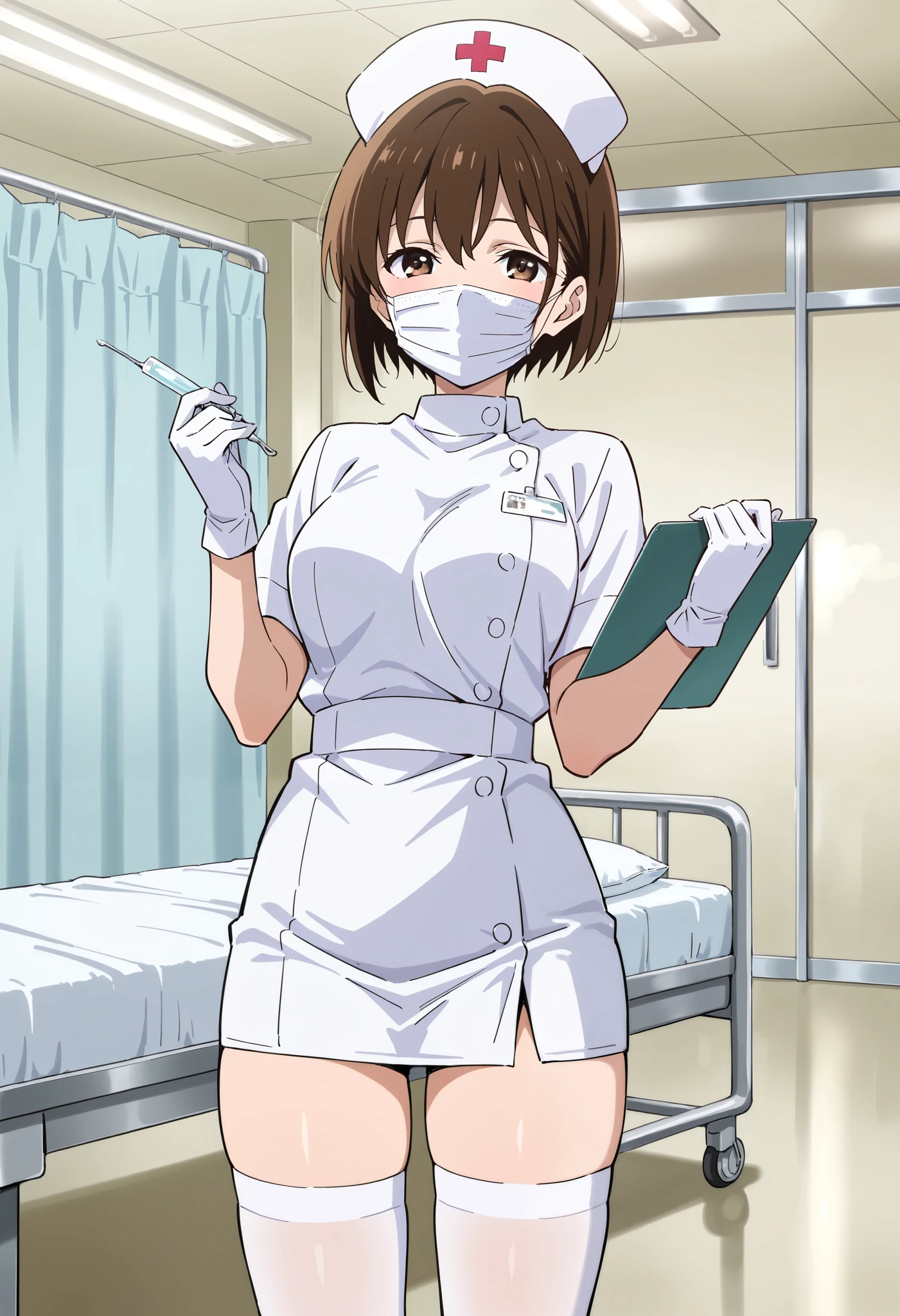 Score_9, score_8_up, score_7_up, source_anime, chihiro kobayashi, solo, short hair, brown hair, brown eyes, (best quality), (high quality), {masterpiece}, extremely delicate and beautiful, ultra-detailed, beautiful detailed eyes, nurse, nurse hat, ((white nurse's outfit)), white gloves, white legwear, zettai ryouiki, hospital room, ((white surgical mask, covered nose)), standing