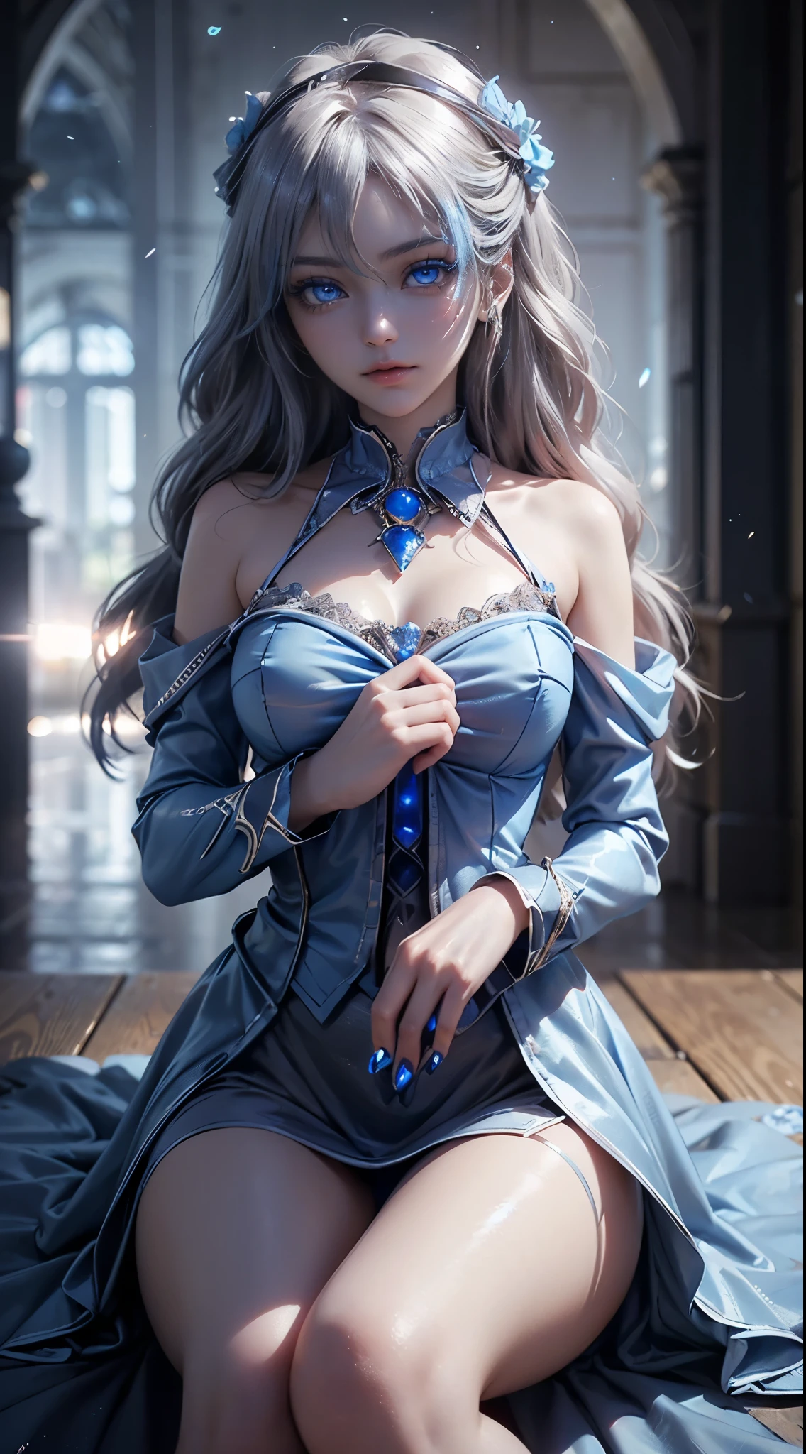 (looks at the audience with beautiful blue iris like sapphire)!, Ultra detailed eyes, (Beautiful light blue pupil's eye's like sapphire :1.40)!, Stars in her fixed eyes, (homochromatic eyes)!!!