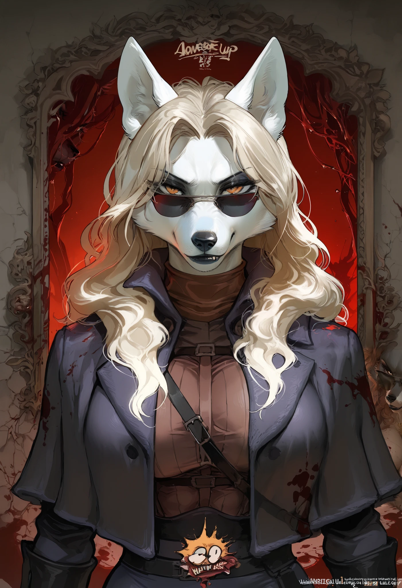 masterpiece, best quality, ultra-detailed, best illustration, solo, 1girl, blood, furry, hunting furry, anthro, wolf, fur, athletic body, muscular body, black lips, portrait, black lips, looking at viewer, long hair, sfw, safe picture, ghilie, displayed, arrogant, narcissistic, ginger, wavy hair, sunglasses, closed clothing, fully dressed, black hunter, bounty hunter clothes