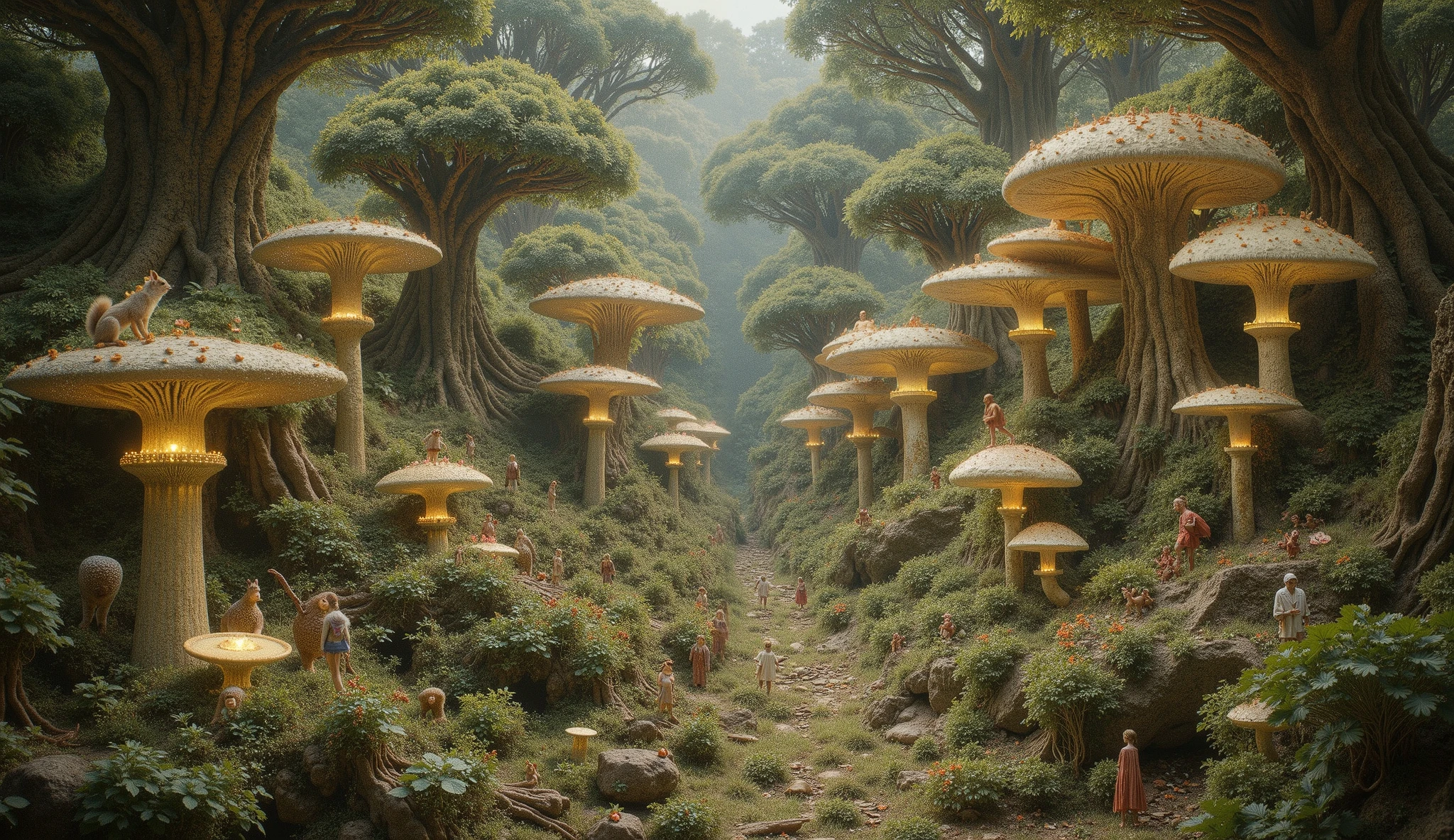 nothing is separated , a picture of nature, fantastic , where each of the , Mushrooms, animals and people , are connected by a glowing aura of brilliant white, intricate details of the forest , squirrels, birds and people in an urban Eden (best quality,4k,8K,highres,masterpiece:1.2),ultra-detailed,(realistic,photorealistic, photo-realistic :1.37)