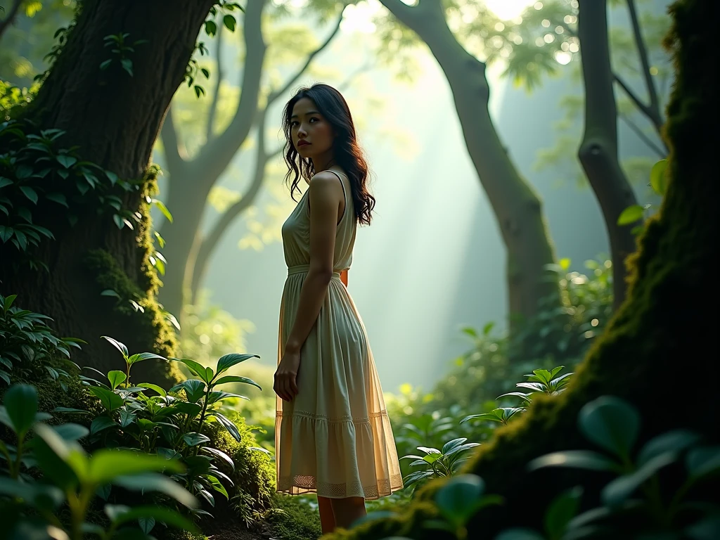 A woman standing in front of a green place