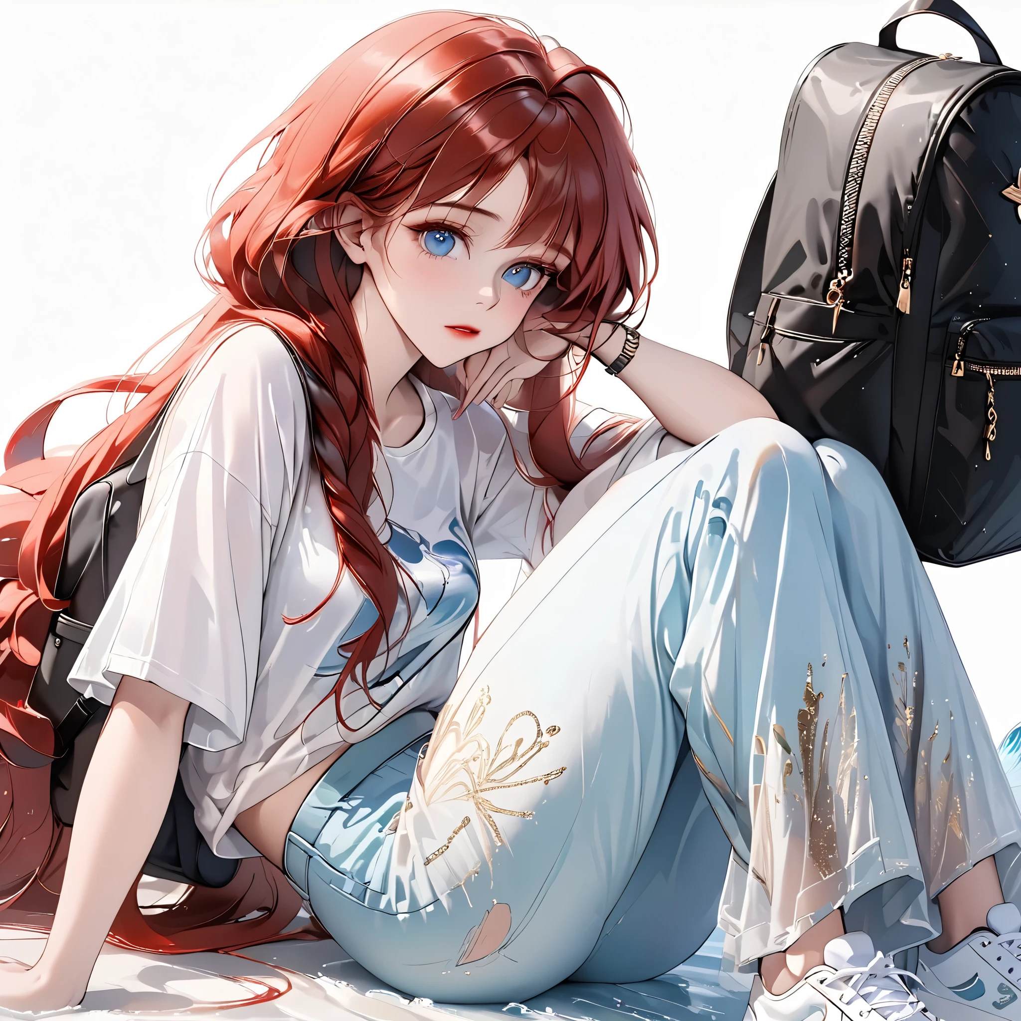 (beautiful girl:1.3),1girl,masterpiece,Highest quality,Ultra-high resolution,rich contrast,super high quality,8k,Highly detailed CG unit wallpaper,texture,Incredibly absurd,Ultra-high resolution,Highest quality anime,professional photograph,an extremely delicate and beautiful,RAW Photos,Depth of Field 1.2,ultra-detailed eyes,Glitter Effect,Beautiful glossy lips, 25years old, gorgeous legs, noise perfect, gorgeous ass, 1girl, gorgeous ass, dynamic pose, sensual woman, seductive woman, mature woman, Milf, maternal, shy look, full body, DisneyAriel, 1girl, red hair, blue eyes, long hair, princess Ariel the little mermaid, (type of photo: medium shot, portraying the person from head to waist), Casual Chic Set (Urban Style): Upper: Light gray oversized cotton T-shirt with an abstract artistic print in pastel tones. The neck is round and slightly elastic. Bottom: High-waisted, straight-cut jeans, worn at the thighs and subtly ripped at the knees. Shoes: White sports shoes, with metallic details on the sides. Accessories: Large sunglasses, black leather backpack and a minimalist watch.