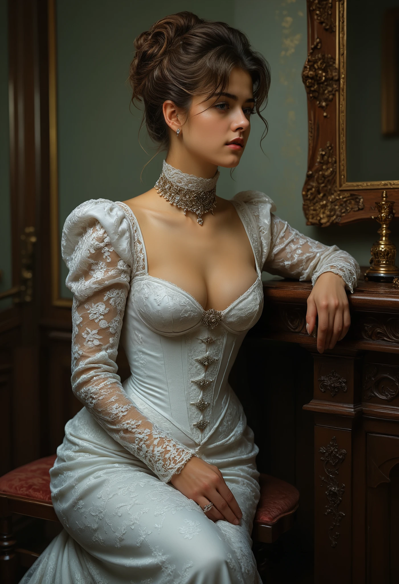 This is a set of photos that peek into the Queen's private life, Each photo is a true record of the Queen's sexy bed photos, ((Realistic fantasy style: 1.4)), Romantic, Realistic, Beautiful and charming face Realistic skin, High-resolution photos with fine details, ((Victorian style:1.4)), Rococo scenery, fansty world, (RAW photo, Best quality:1.4), (Photorealsitic, Realistic photos:1.3), (Best quality:1.2), (Highly detailed:1.2), (Masterpiece, Ultra detail:1.2), Striking image of a haute couture model,shimmering under the moonlight. Her posture is relaxed, Raised sexy,Misty eyes,As if lost in a dream. expansive view,