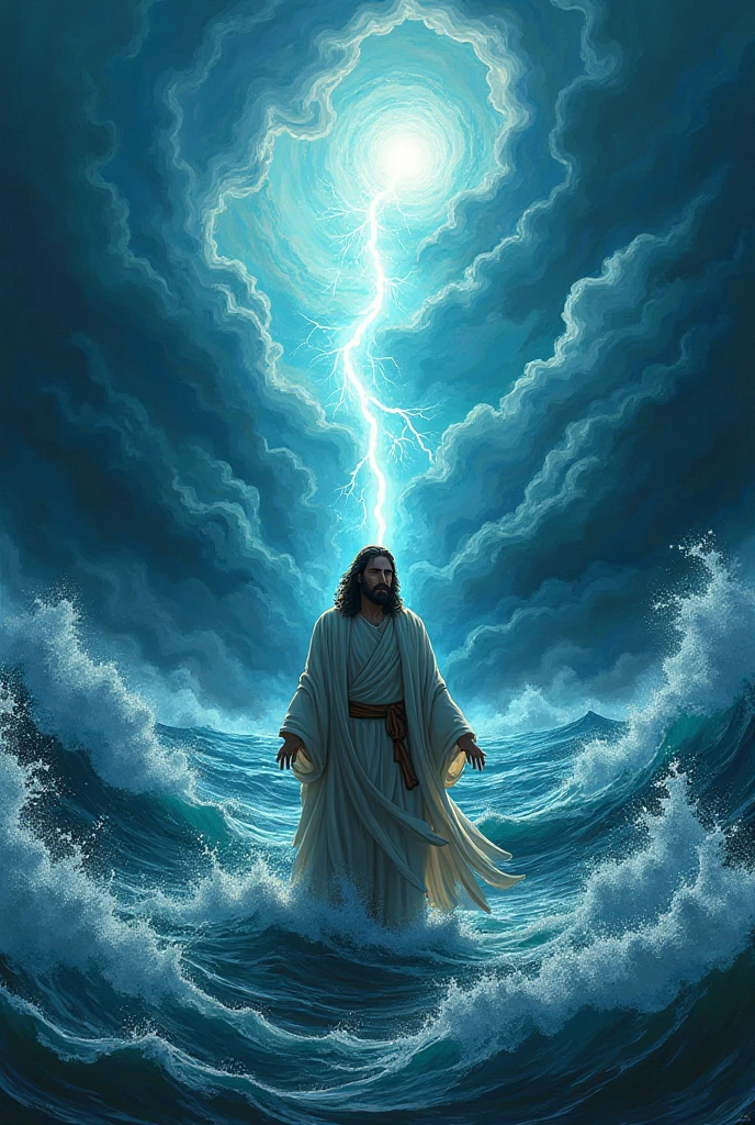 Jesus Christ reaching out to me, a storm, white robes, waves, soft expression, dark sky with lightning, lightning, photo realism