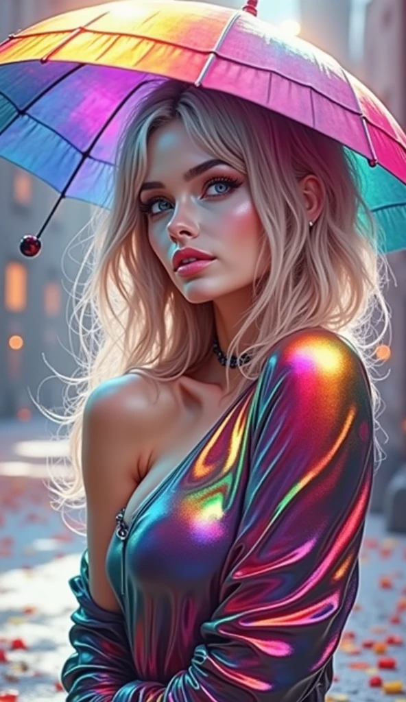 beautiful blonde woman, The wax coat melts and drips on the body (masterpiece: 1.2), (best quality), 4K, Extremely detailed, (Dynamic Synthesis: 1.4), Very detailed, Colorful Detailed, (Rainbow Colors: 1.2), (Bright Lights, Atmospheric lighting), Dreamy, magic, (Solitary: 1.2)  