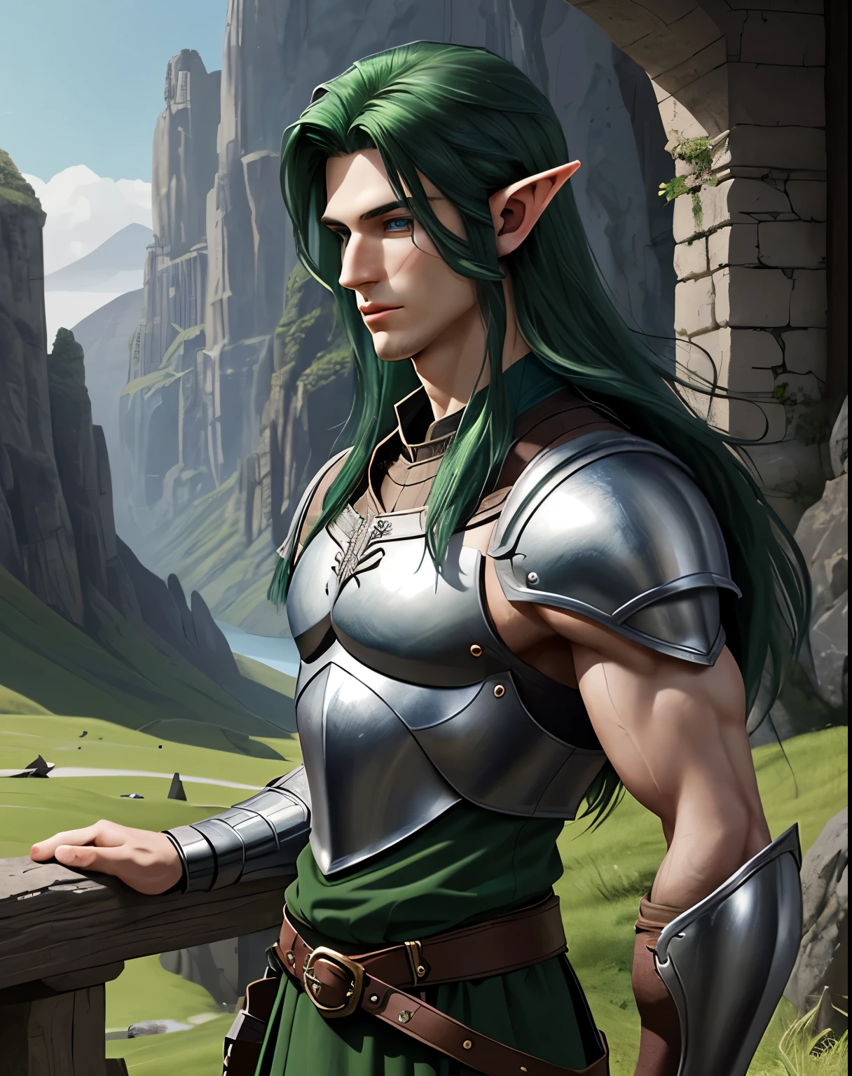 ((best qualityer)), ((work of art)), (detailded), 8K, 4K, hight contrast, work of art, 1 male elf adventurer , green elven armor, in the background magnificent valley ,similar to the works of JRR Tolkien, clear lighting, detailed shadows 

