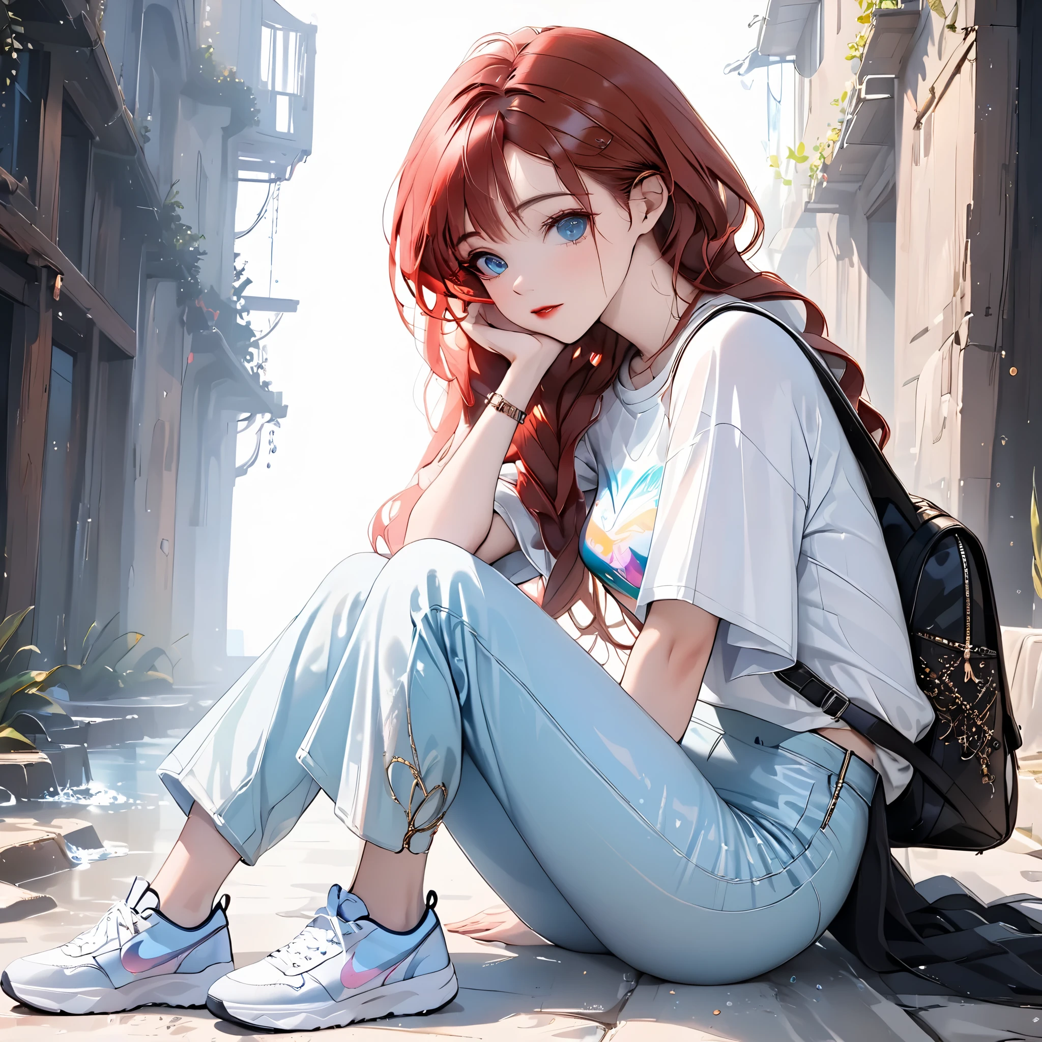 (beautiful girl:1.3),1girl,masterpiece,Highest quality,Ultra-high resolution,rich contrast,super high quality,8k,Highly detailed CG unit wallpaper,texture,Incredibly absurd,Ultra-high resolution,Highest quality anime,professional photograph,an extremely delicate and beautiful,RAW Photos,Depth of Field 1.2,ultra-detailed eyes,Glitter Effect,Beautiful glossy lips, 25years old, gorgeous legs, noise perfect, gorgeous ass, 1girl, gorgeous ass, dynamic pose, sensual woman, seductive woman, mature woman, Milf, maternal, shy look, full body, DisneyAriel, 1girl, red hair, blue eyes, long hair, princess Ariel the little mermaid, (type of photo: medium shot, portraying the person from head to waist), Casual Chic Set (Urban Style): Upper: Light gray oversized cotton T-shirt with an abstract artistic print in pastel tones. The neck is round and slightly elastic. Bottom: High-waisted, straight-cut jeans, worn at the thighs and subtly ripped at the knees. Shoes: White sports shoes, with metallic details on the sides. Accessories: Large sunglasses, black leather backpack and a minimalist watch.