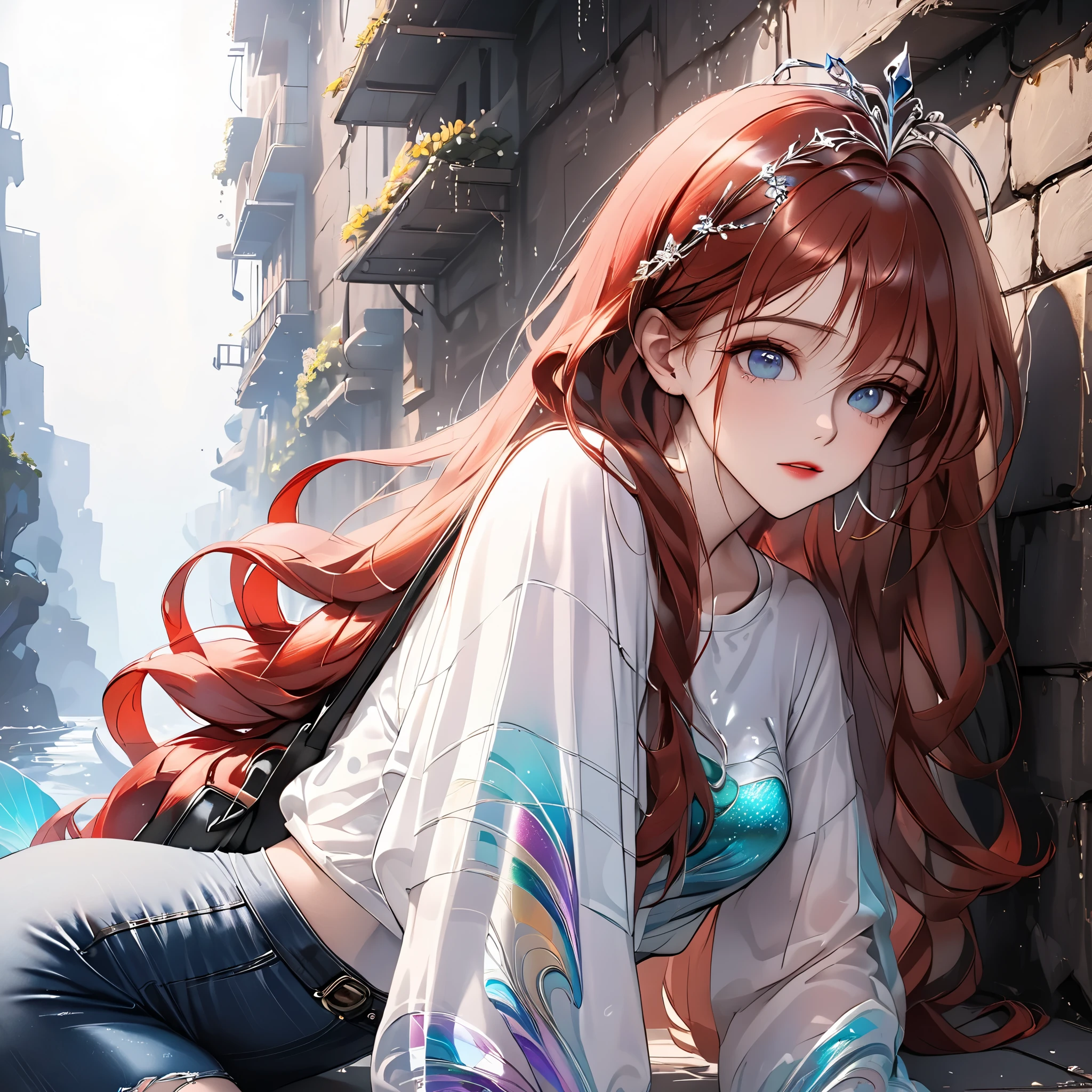 (beautiful girl:1.3),1girl,masterpiece,Highest quality,Ultra-high resolution,rich contrast,super high quality,8k,Highly detailed CG unit wallpaper,texture,Incredibly absurd,Ultra-high resolution,Highest quality anime,professional photograph,an extremely delicate and beautiful,RAW Photos,Depth of Field 1.2,ultra-detailed eyes,Glitter Effect,Beautiful glossy lips, 25years old, gorgeous legs, noise perfect, gorgeous ass, 1girl, gorgeous ass, dynamic pose, sensual woman, seductive woman, mature woman, Milf, maternal, shy look, full body, DisneyAriel, 1girl, red hair, blue eyes, long hair, princess Ariel the little mermaid, (type of photo: medium shot, portraying the person from head to waist), Casual Chic Set (Urban Style): Upper: Light gray oversized cotton T-shirt with an abstract artistic print in pastel tones. The neck is round and slightly elastic. Bottom: High-waisted, straight-cut jeans, worn at the thighs and subtly ripped at the knees. Shoes: White sports shoes, with metallic details on the sides. Accessories: Large sunglasses, black leather backpack and a minimalist watch.