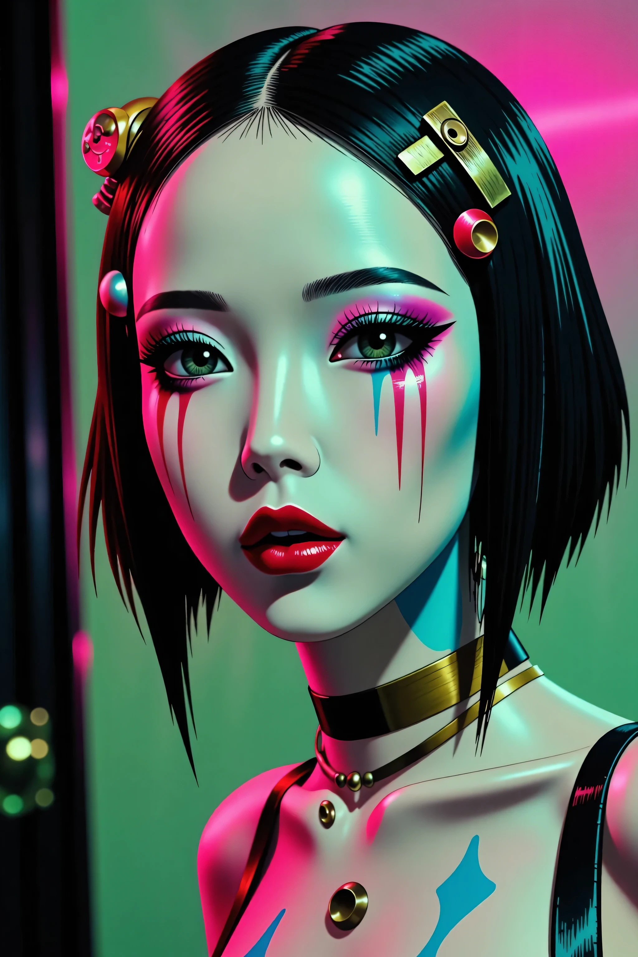 80’s glam rock makeup on shiny face, asian girl, anime, 2.5D, moody lighting, (green, pink, gold), pretty, sexy, minimal, sleek, slender, asian, elegant, futuristic, retro, sophisticated half human half machine, mouth open wide, Kizi,(eyes looking off to side), Highly detailed, Amazing work,Vitreous luster, blues, yellows, Best quality at best,shiny skin, no background, colorful background, green background, pink background, gold, background, plunging neckline, sexy pose, dynamic pose, heavy blushing, huge breasts,
