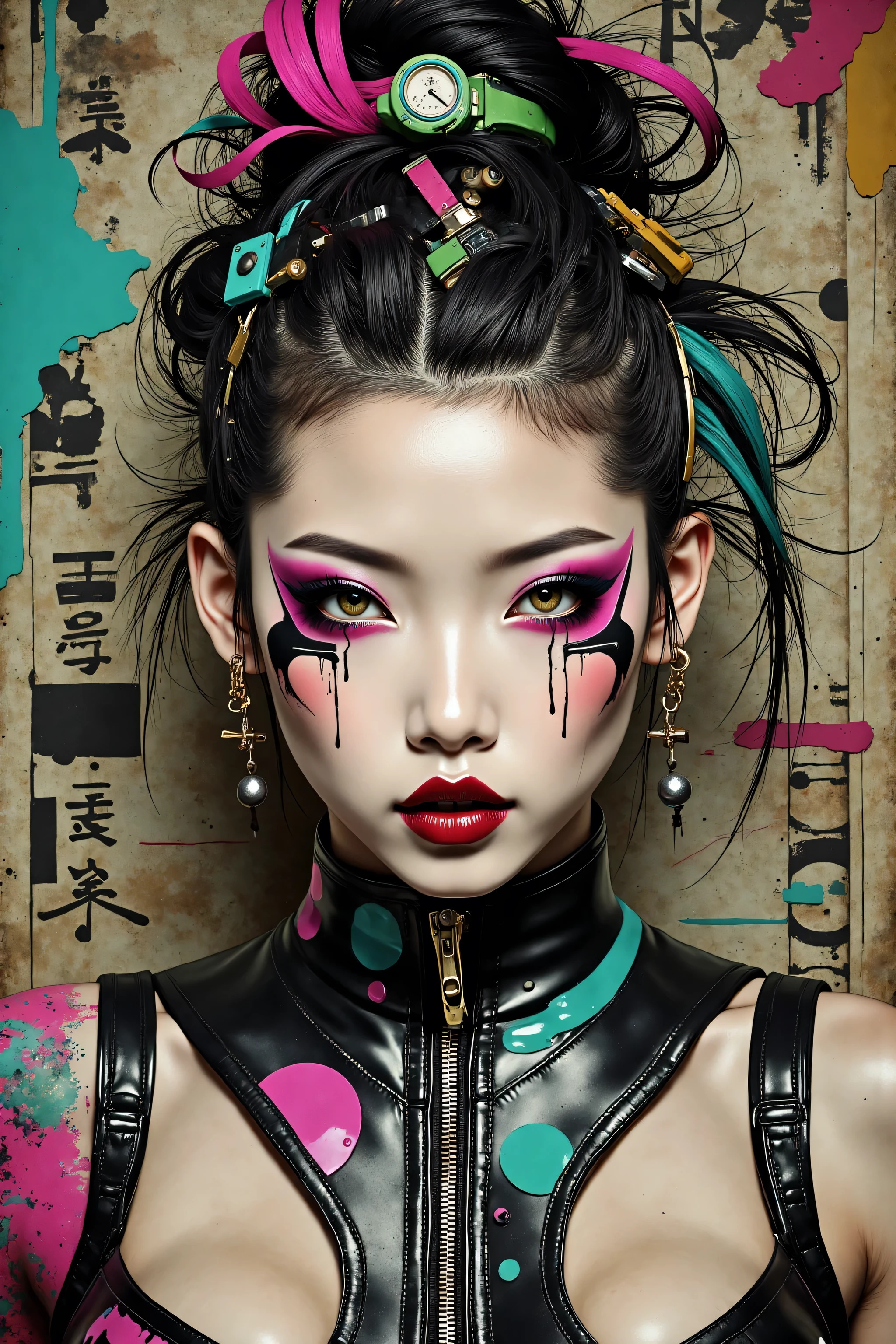 80’s glam rock makeup on shiny face, asian girl, anime, 2.5D, moody lighting, (green, pink, gold), pretty, sexy, minimal, sleek, slender, asian, elegant, futuristic, retro, sophisticated half human half machine, mouth open wide, Kizi,(eyes looking off to side), Highly detailed, Amazing work,Vitreous luster, blues, yellows, Best quality at best,shiny skin, no background, colorful background, green background, pink background, gold, background, plunging neckline, sexy pose, dynamic pose, heavy blushing, huge breasts,