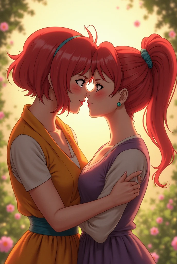 closeup, realistic photograph, early morning, diffused lighting, masterpiece, happy, parted lips, 2women, thin, orange hair clips,  (yuri), [height difference], [closed eyes] storefront sidewalk, catchlight