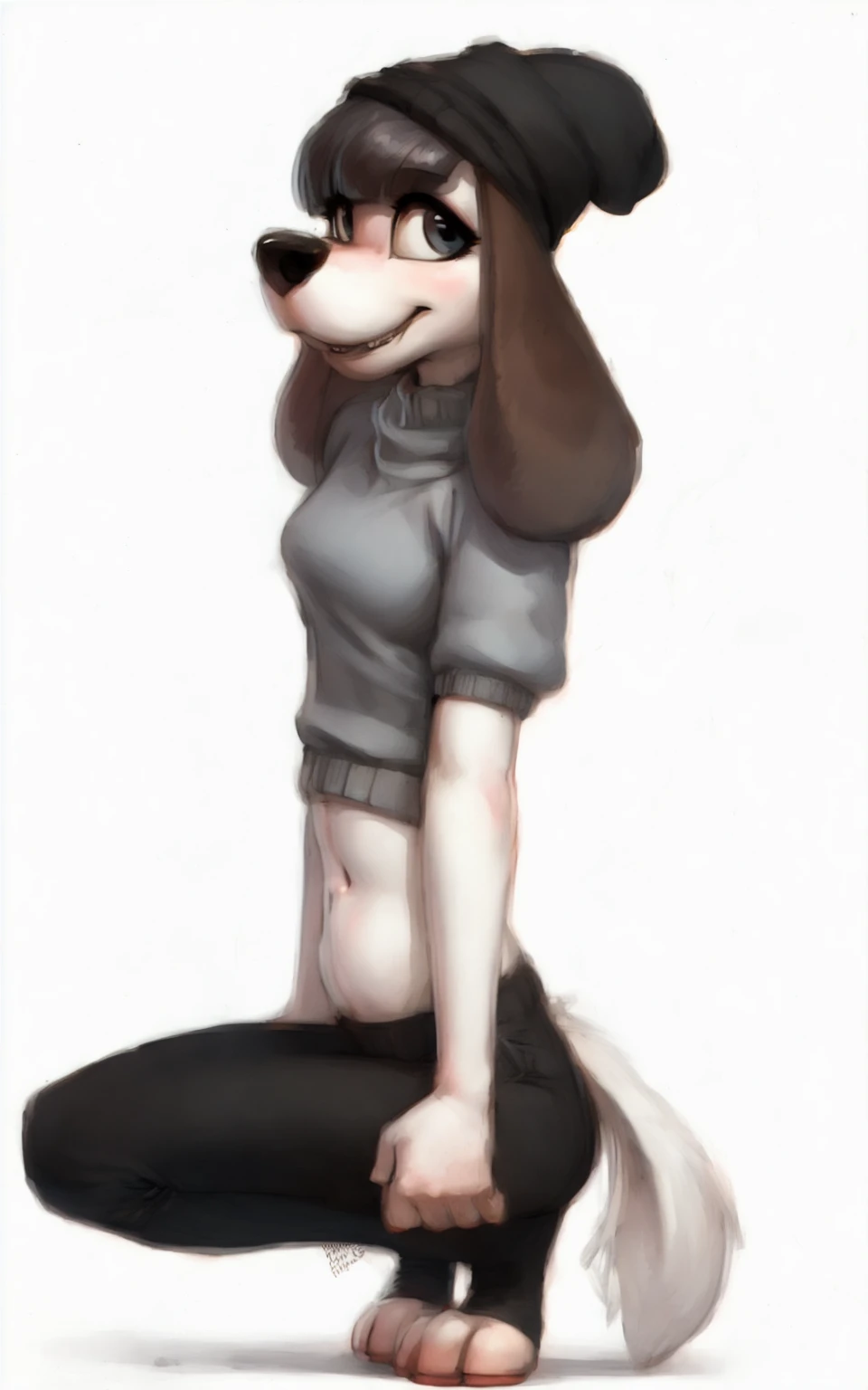 Solo, score_9, score_8_up, score_7_up, score_6_up, score_5_up, score_4_up, source_furry, Anthro, androgynous, anthro furry girl, maned wolf, brown eyes, tall, long legs, short brown hair, white tips on hair, white highlights on hair, low ponytail. side locks, snout, jitome, bags under eyes, flat chested, tastefully nude, sitting on the ground, erotic pose, rear view