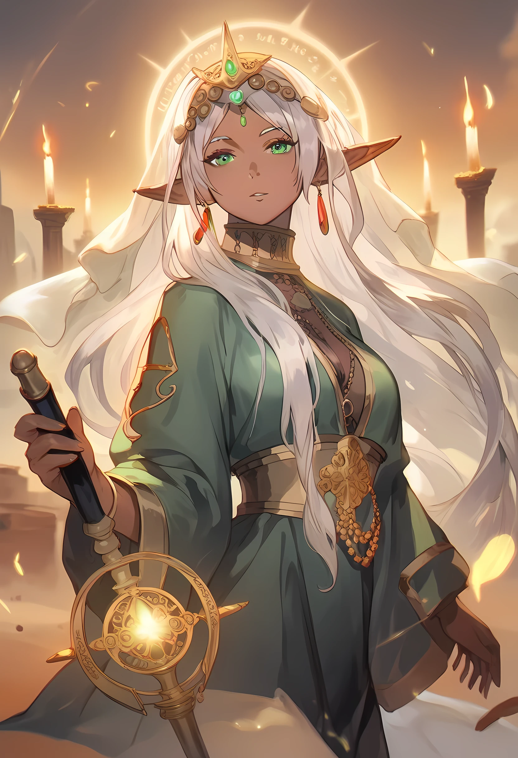 masterpiece, best quality, ultra-detailed, best illustration, solo, 1girl, mature female, dark elf cleric, dark skin, silver-white hair, green eyes, green and gold Middle Eastern robe, mega hair, mega long hair, jeweled headpiece, veil, glowing golden staff, desert, warm candlelight, fantasy anime style