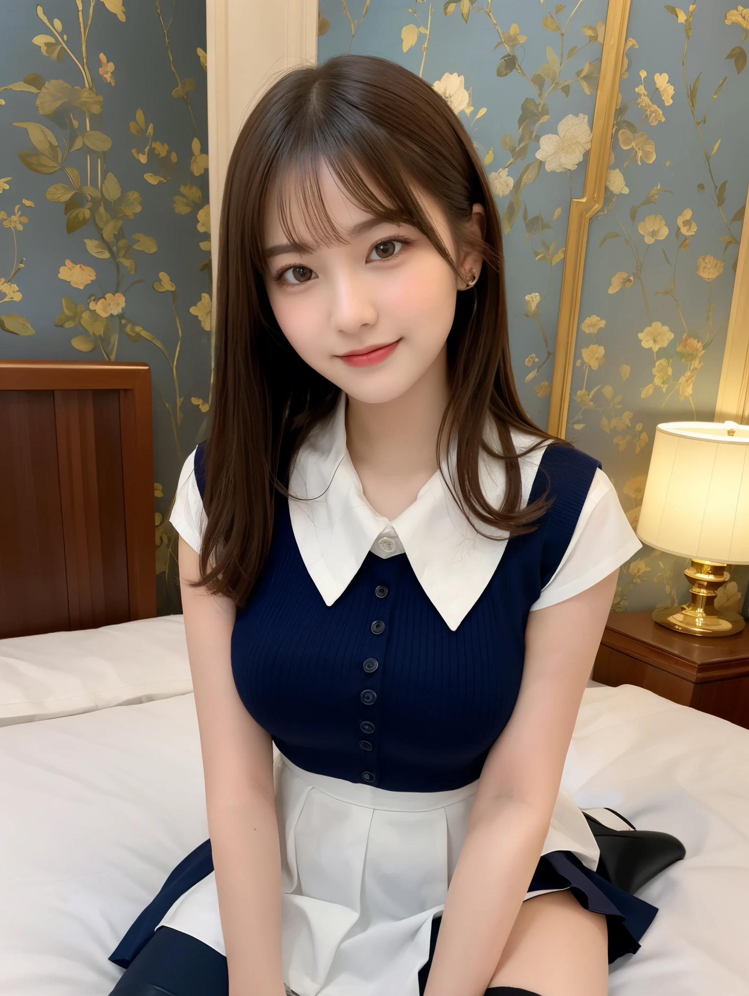 masterpiece, highest quality, High resolution, amazingly beautiful woman, (21 years old:1.4), break, spring fashion,half coat,wearing a blouse, knee length skirt, straight hair, small breasts, natural color lips, smile, luxury hotel, looking at camera, full body shot,smile