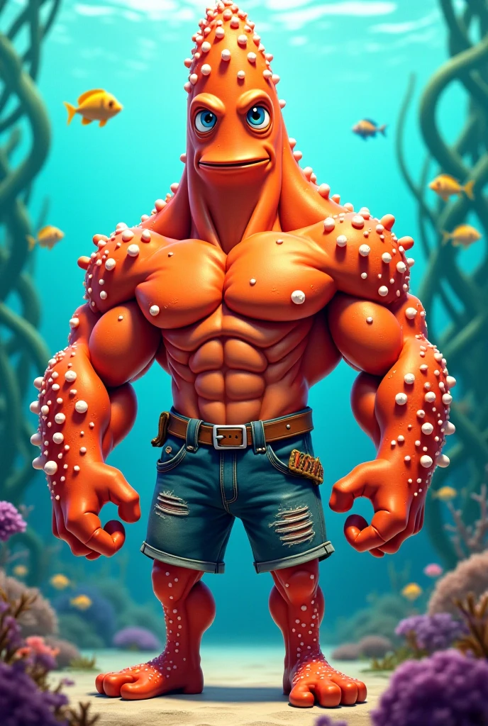 A muscular, chesty, shirtless goldfish on the beach holding a surfboard