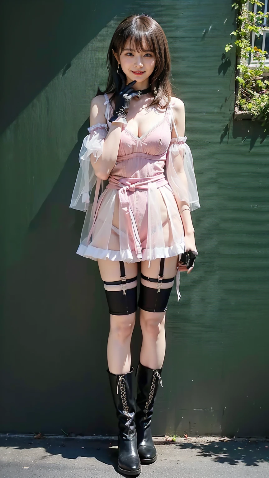 Toda la imagen con detalles intrincados nivel profesional: "(A young 16 year old girl with vibrant pink hair, piernas abiertas, vestida con una camisa blanca escotada desabotonada, camisa abierta, with a corset and and a belt, minifalda vaquera plagada corta color negro y medias hasta el muslo, tanga blanca-transparente, botas marrones. The woman has her eyes closed and an expression of gratitude and happiness on her face, ropa muy corta y delgada, le agrada mostrar su cuerpo, chica empoderada, le gusta mostrar su hermoso cuerpo sexualizado porque es muy bella, (a veces le gusta salir casi o toda desnuda a la calle), random angle.)"