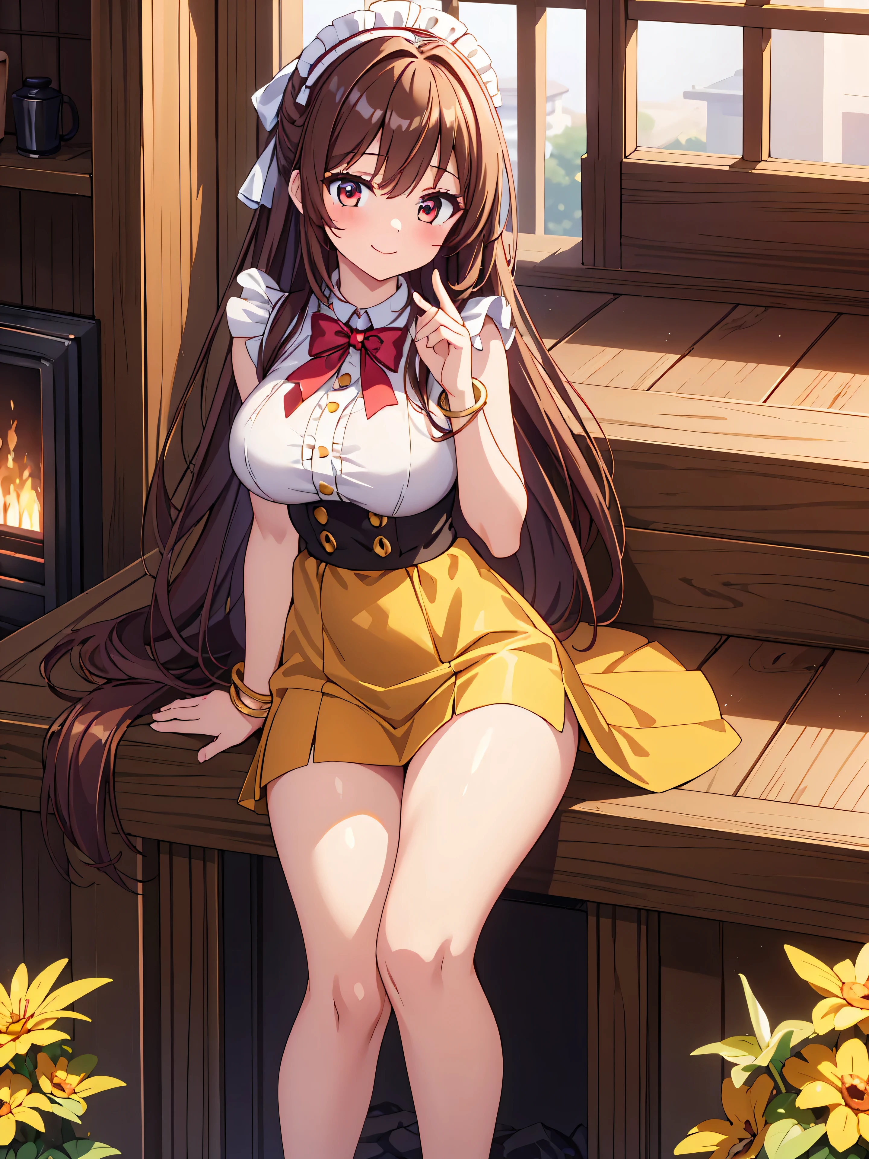 (8K, Highest quality, Highest quality, masterpiece), sit on the floor, (denim hot micro shorts), (shorts aside & vulva peek), big breasts, ((spread legs 1:2)), (fullbody), ((seductive grin)), hakurei_reimu_touhou, bow, hair_bow, hair_tubes, red_bow, brown_hair, long_hair, bangs, sidelocks, ascot, brown_eyes, frilled_bow, yellow_ascot, blush, smile, hair_between_eyes