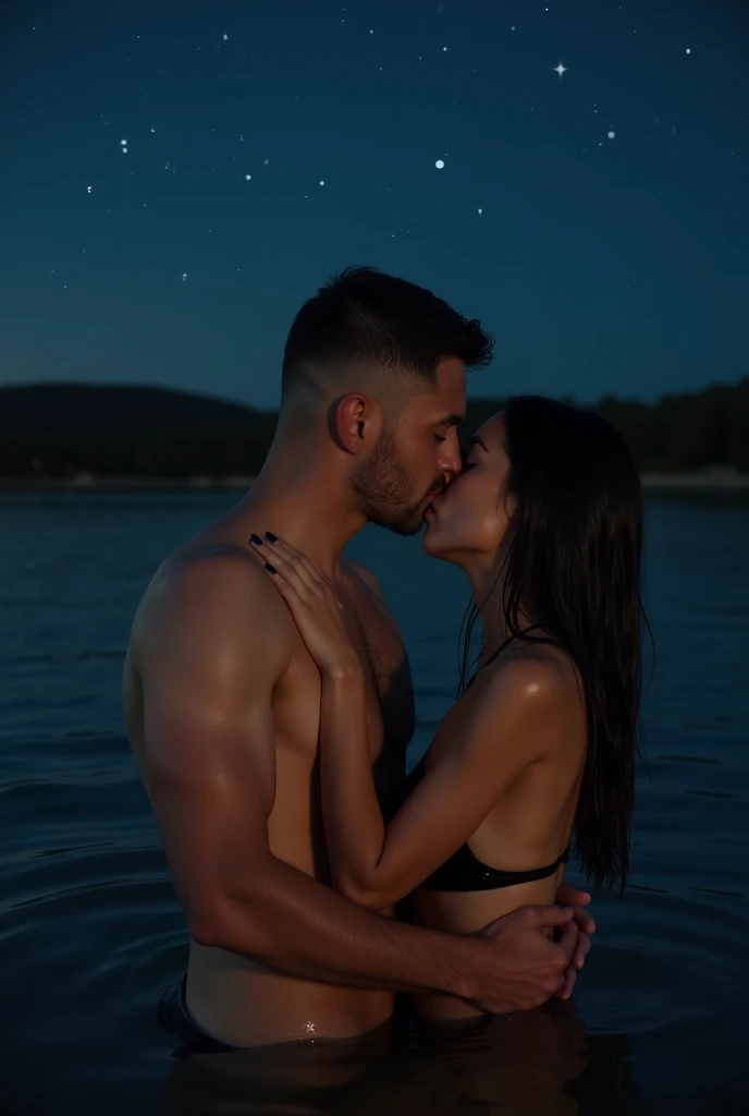 The man in his 45s with black very short hair and smooth face with moustache. The woman in her 45s with brown wavy long hair. The man is wearing an unbuttoned white shirt and black trousers. The woman is wearing a black elegant dress. They are on the beach. There is a campfire. Night, dark, dim. Missionary sex. Hardcore. The woman is moaning. Ultra realistic.