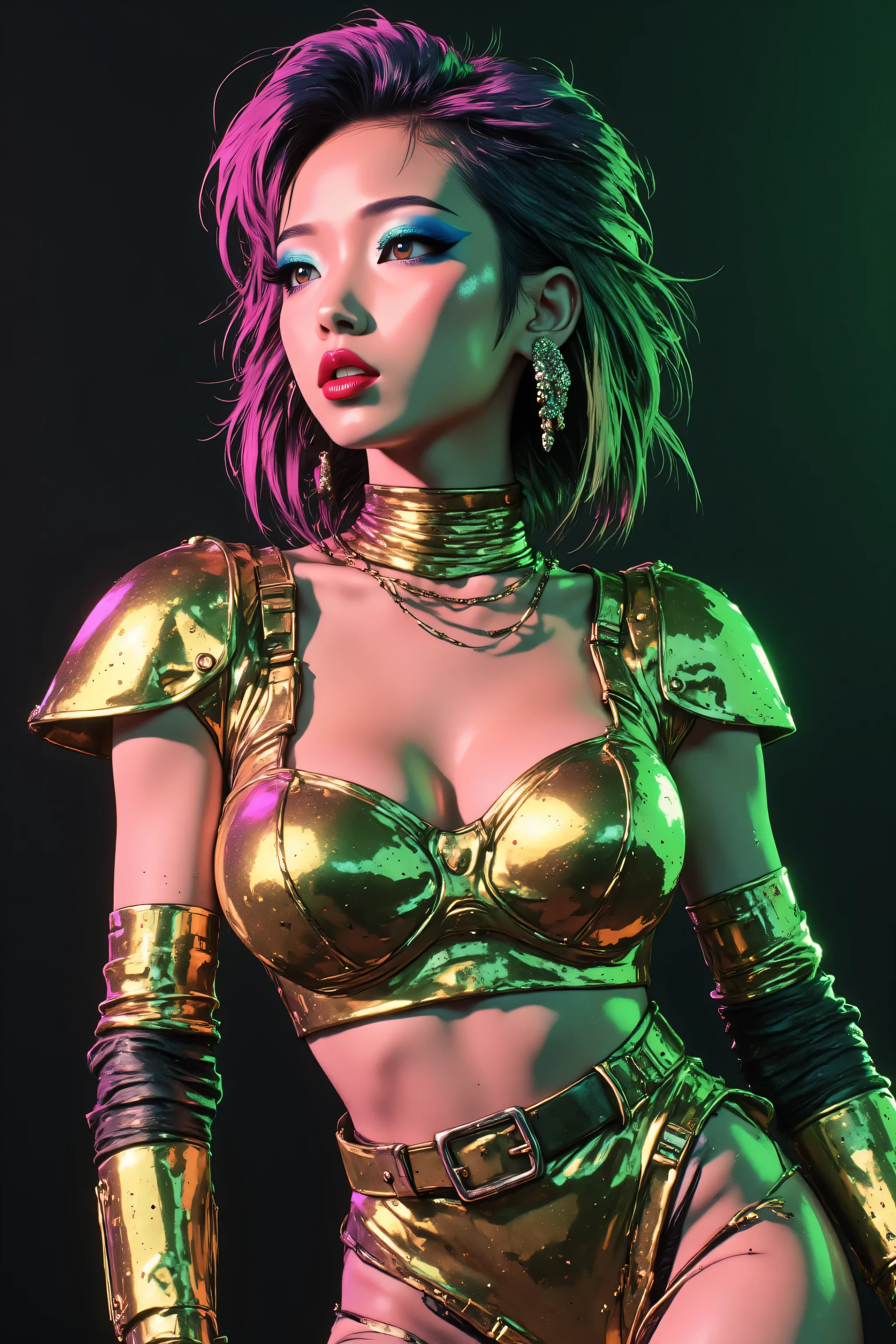 80’s glam rock makeup on shiny face, asian girl, anime, 2.5D, moody lighting, (green, pink, gold), pretty, sexy, minimal, sleek, slender, asian, elegant, futuristic, retro, sophisticated half human half machine, mouth open wide, Kizi,(eyes looking off to side), Highly detailed, Amazing work,Vitreous luster, blues, yellows, Best quality at best,shiny skin, no background, colorful background, green background, pink background, gold, background, plunging neckline, sexy pose, dynamic pose, heavy blushing, huge breasts,