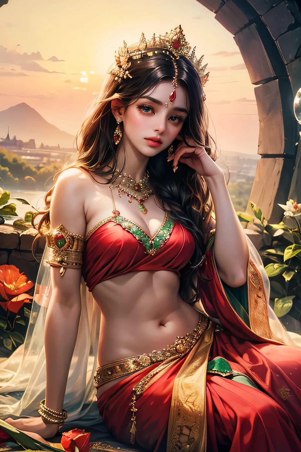 (absurderes, A high resolution, Ultra detailed, hdr), Masterpiece, Best quality, Portrait of a Indian fairy Goddess, extreme realistic very beautiful, animated style, closeup shot, anime in a(((red))) indian dress (((saree))), long black wavy hair untied, head jewellery, necklace, earings, armlets, bangles and bracelets, rings, pleasant expression, bright big red eyes, holding a fire, having the power of element fire, natural beauty, vibrant colors, dreamy, northern light, pink bubble, romantic, soft lighting, vintage aesthetic