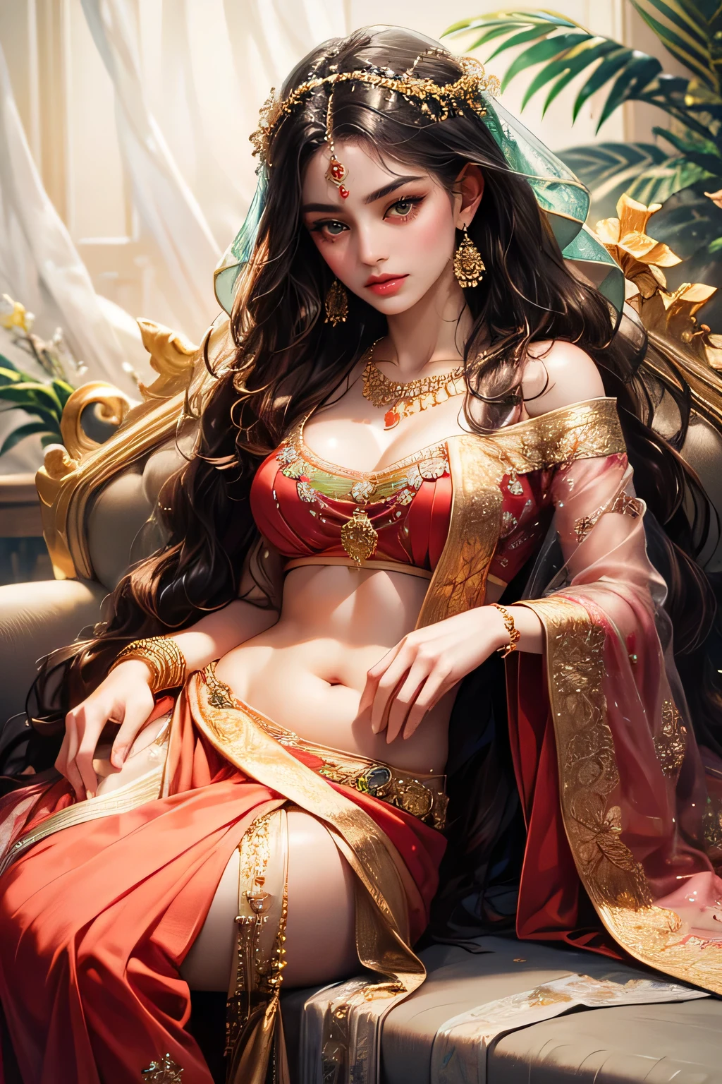 Generate a photorealistic digital artwork of Maharani Laxmibai dressed in a stunning gown that subtly reflects her identity as a Muslim. Her hairstyle should be elegant, perhaps styled in a sophisticated bun or adorned with traditional accessories. Her face should be detailed, with beautiful eyes, long lashes, and stunning lipstick. Depict her sitting gracefully on a luxurious couch inside an Arabian palace, surrounded by intricate patterns and ornate decor. Ensure the artwork captures a sense of her regal presence and cultural richness, while subtly incorporating elements that reflect her embracing Islam.