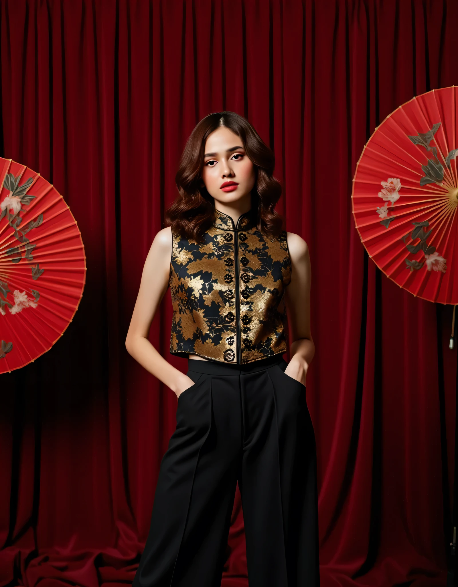 Stylish female model with curly hair and bold red lipstick, wearing modern Chinese-inspired clothing. His attire consists of a half-sleeved structured black and gold brocade vest with intricate floral embroidery, traditional Chinese knot buttons, and a high mandarin collar. He combined it with wide-legged black trousers for a contemporary but elegant look. The setting is a dramatic stage with deep red velvet curtains as a backdrop, accompanied by traditional Chinese umbrellas with flower and dragon motifs. The lighting is moody and theatrical, highlighting the luxurious textures of fabrics and creating a sophisticated, high-fashion aesthetic.