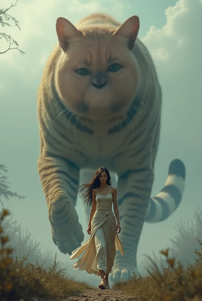Photorealistic,Realistic,Photography,masutepiece,Best Quality,Ultra-detailed,the Extremely Detailed CG Unity 8K Wallpapers,1girl wear bikini,gigantic cat,Oversized cat,Outdoors,on grassland,