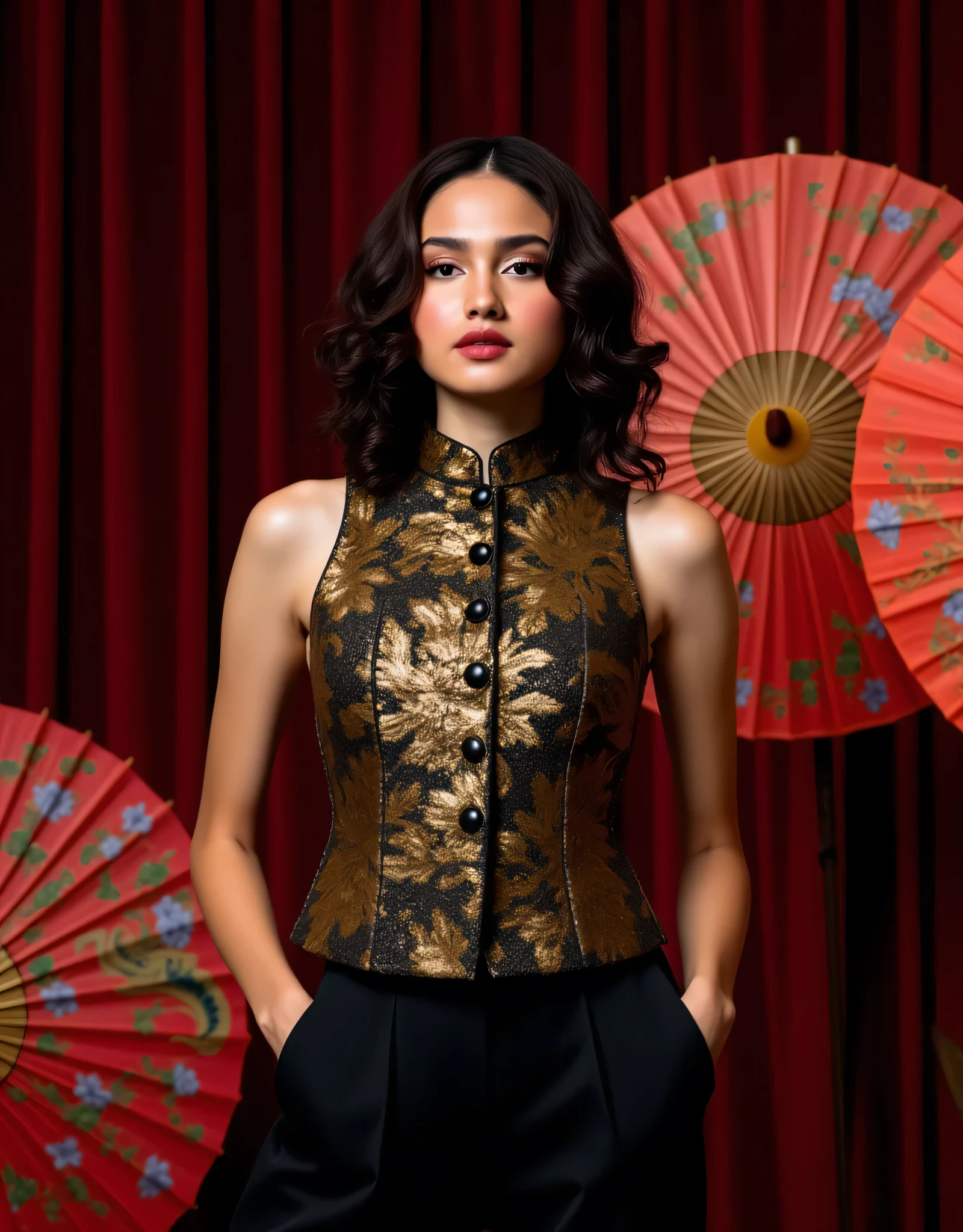 A stylish female model with curly hair and bold red lipstick, wearing a modern Chinese-inspired outfit. The outfit consists of a sleeveless, structured black and gold brocade vest with intricate floral embroidery, traditional Chinese knot buttons, and a high mandarin collar. She pairs it with wide-legged black trousers for a contemporary yet elegant look. The setting is a dramatic stage with deep red velvet curtains in the background, accompanied by traditional Chinese umbrellas with floral and dragon motifs. The lighting is moody and theatrical, highlighting the luxurious textures of the fabric and creating a sophisticated, high-fashion aesthetic.