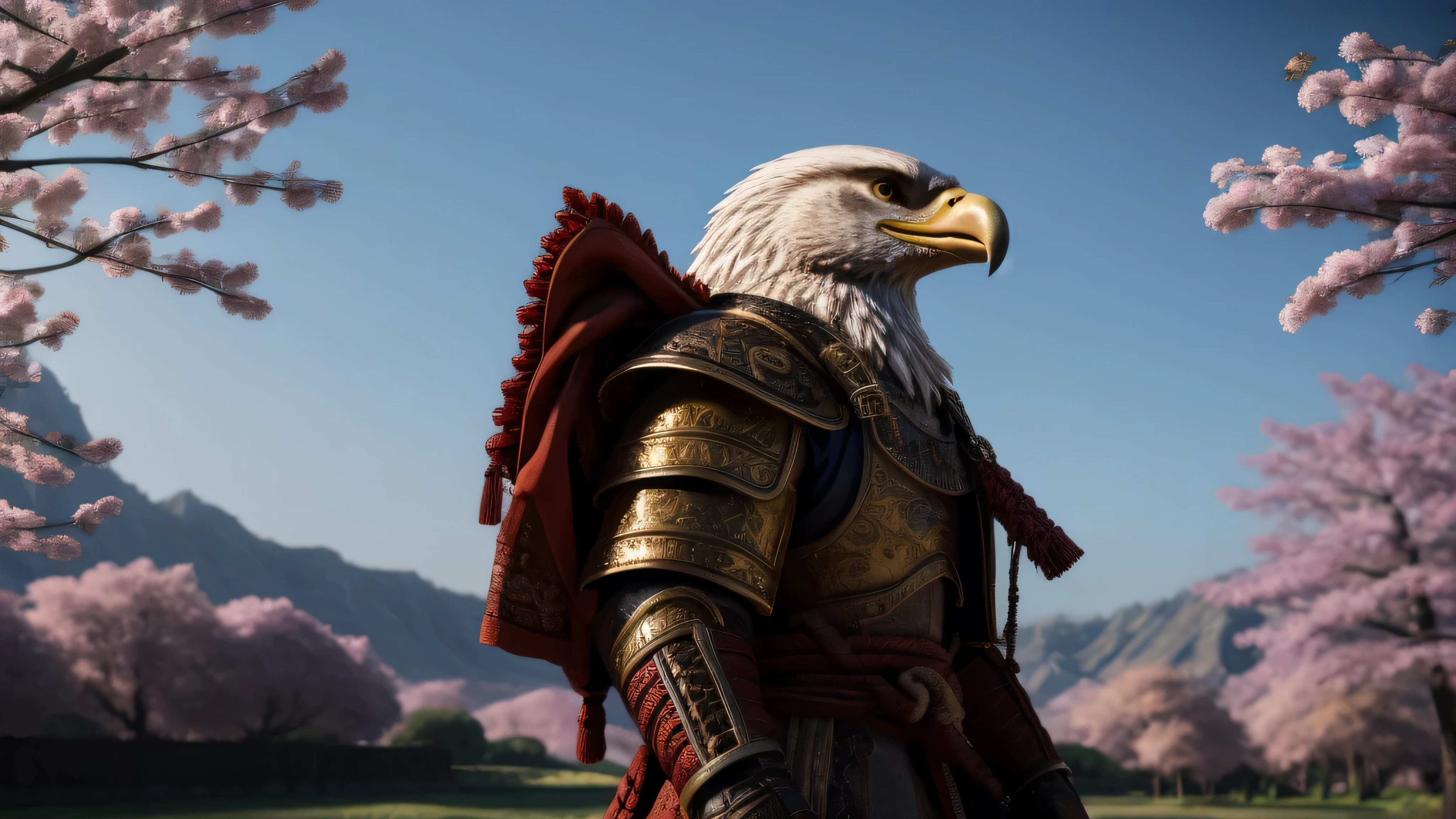 Photorealistic, medium shot, side view of an anthropomorphic eagle dressed in detailed samurai armor, standing in a traditional Japanese setting. The eagle has sharp, intense eyes and intricately designed armor with engraved patterns, showcasing a blend of strength and elegance. The background features a scenic Japanese landscape with cherry blossom trees and traditional architecture. Cinematic color grading, dramatic lighting emphasizing the eagle's features and armor, set in daytime with soft natural light and dynamic shadows for a dramatic effect.