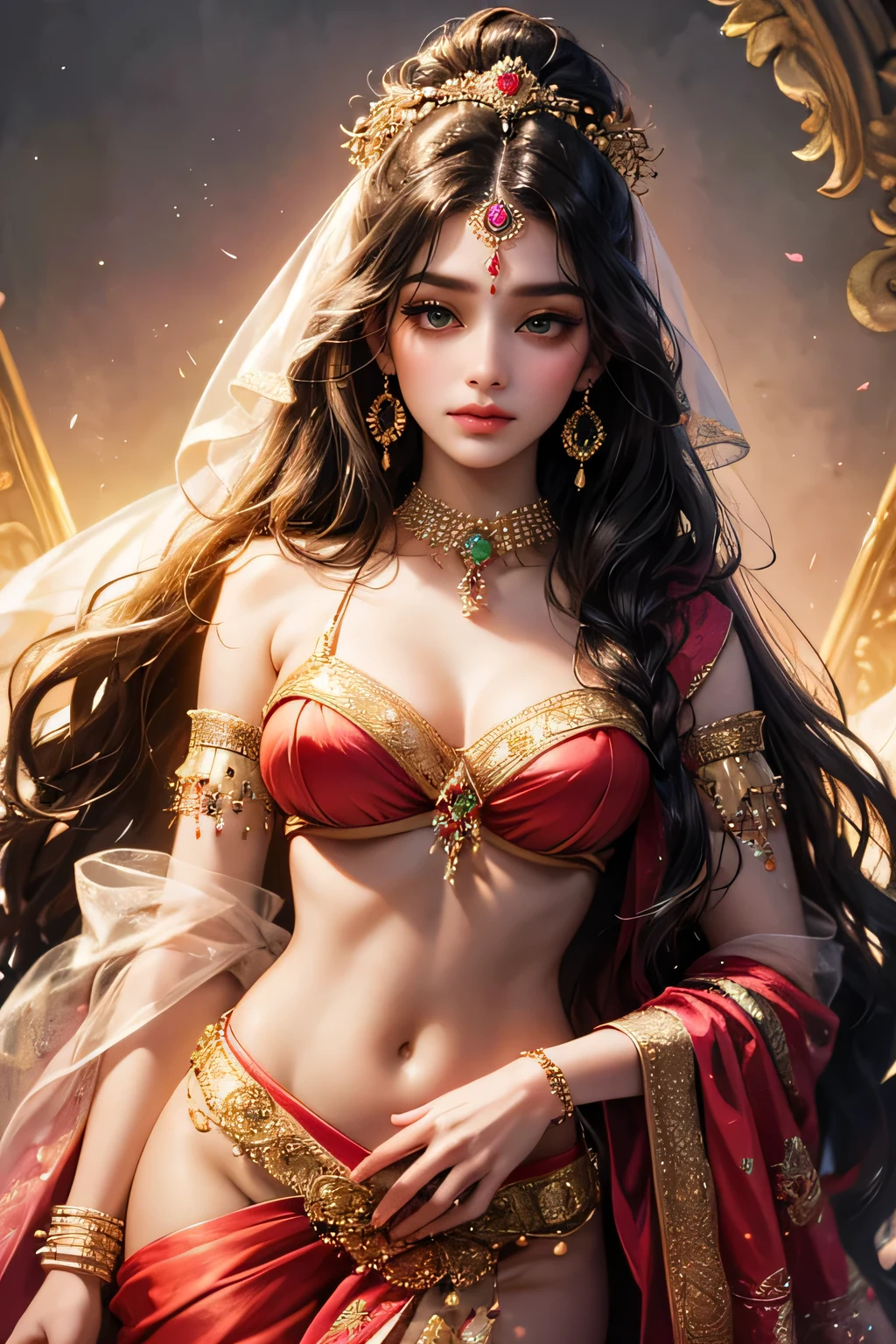 Tanned, large eyes, medium nose, large lips, black eyelashes, oval face, long hair, straight hair, ends curly, dreamy face, no bindi, less make up, clear face, smiling, shy, clear forehead, curvaceous, pouting lips, look, cold light, cleavage, curvy, inviting, flat stomach, medium hips, large