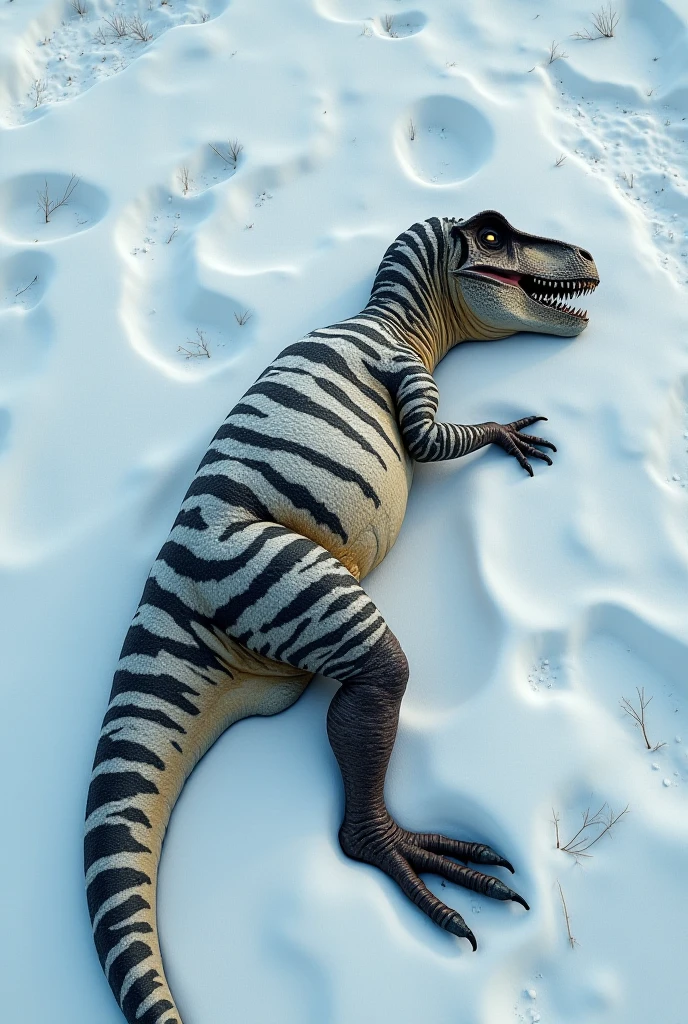 High Resolution, Masterpiece, super detaile, cinematic,
A T_rex with patches of white and black skin like zebra, is lying on snow unconscious, his eyes are dull, one big leg is cut off, leg bone is exposed,From Above, 