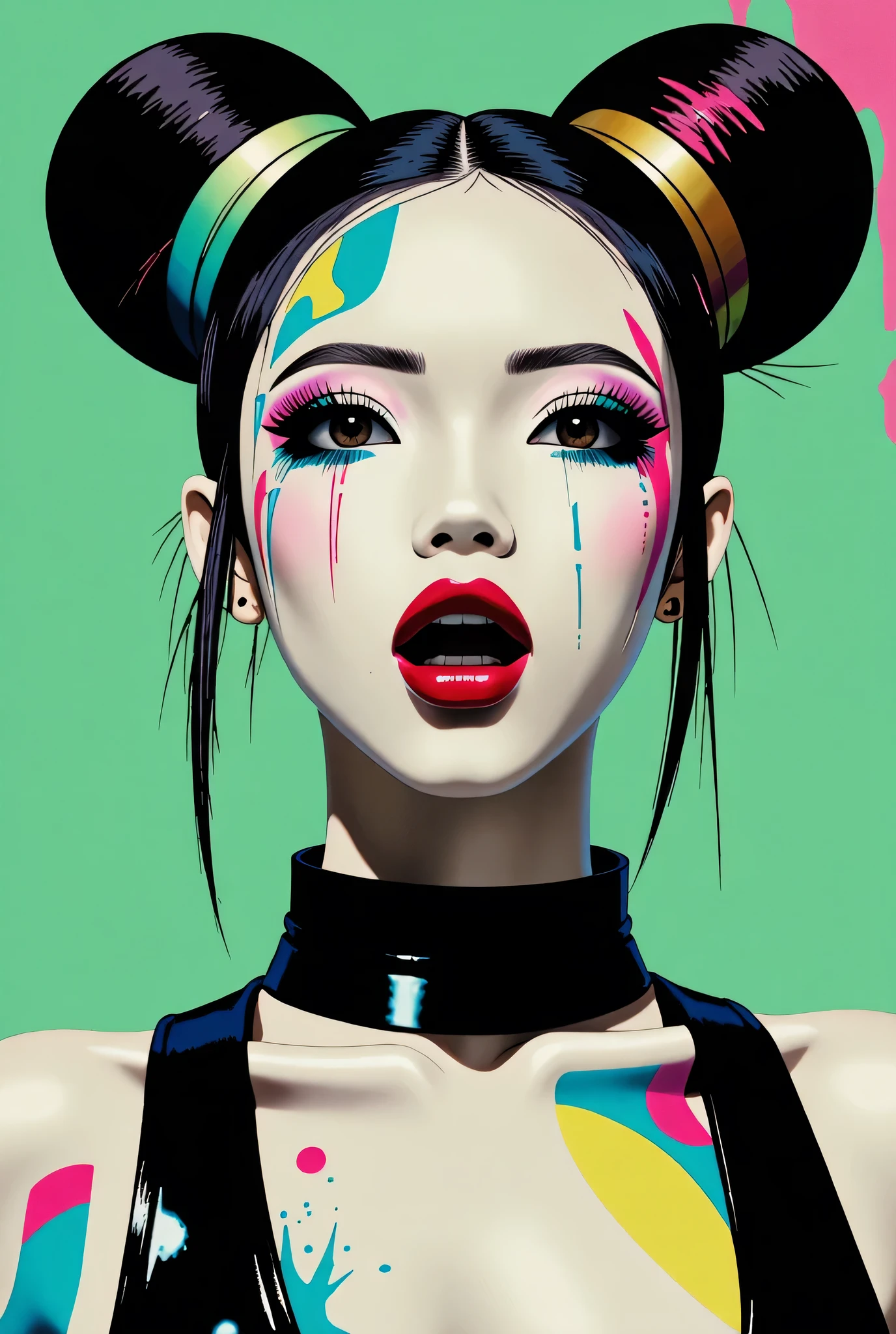 80’s glam rock makeup on shiny face, asian girl, anime, 2.5D, moody lighting, (green, pink, gold), pretty, sexy, minimal, sleek, slender, asian, elegant, futuristic, retro, sophisticated half human half machine, mouth open wide, Kizi,(eyes looking off to side), Highly detailed, Amazing work,Vitreous luster, blues, yellows, Best quality at best,shiny skin, no background, colorful background, green background, pink background, gold, background, plunging neckline, sexy pose, dynamic pose, heavy blushing, huge breasts,