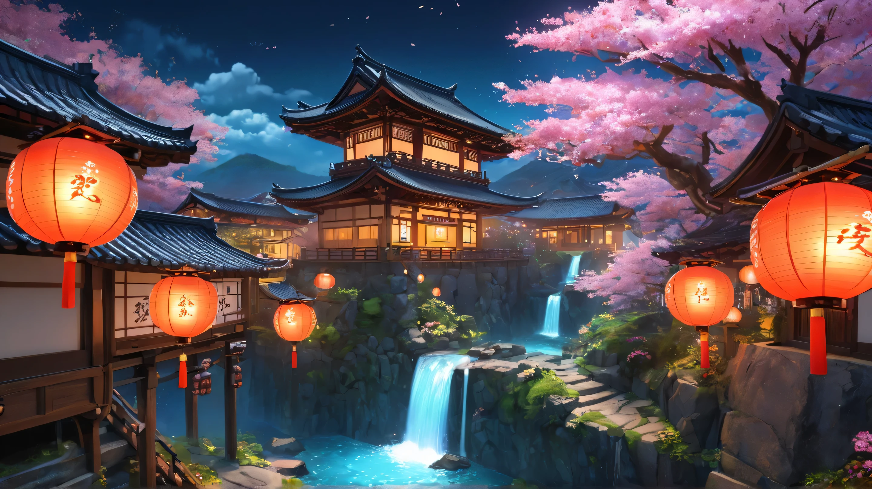 A glowing Edo-period mansion on a cliff edge, neon kanji signs in electric blue #00ffff and magenta #ff00ff, bioluminescent cherry blossoms #ff69b4 floating around stone lanterns, warm paper lanterns #ffd700 illuminating a cobblestone path, upside-down waterfall with prismatic mist, Studio Ghibli's vibrant colors meets Tron aesthetics, ultra-detailed 8k, cinematic lighting, depth of field, style: ghibli_anime --chaos 35 --ar 16:9