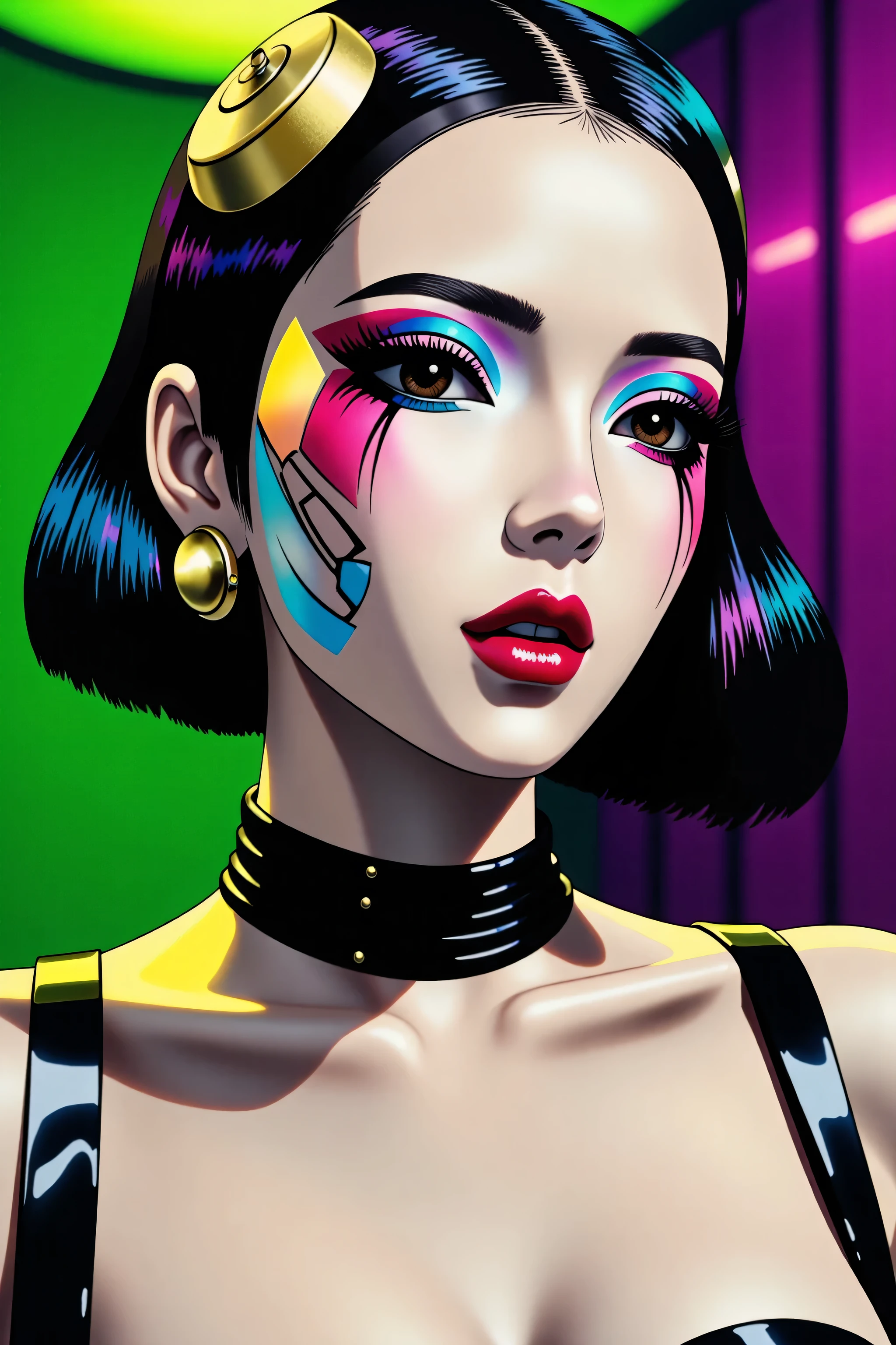 80’s glam rock makeup on shiny face, asian girl, anime, 2.5D, moody lighting, (green, pink, gold), pretty, sexy, minimal, sleek, slender, asian, elegant, futuristic, retro, sophisticated half human half machine, mouth open wide, Kizi,(eyes looking off to side), Highly detailed, Amazing work,Vitreous luster, blues, yellows, Best quality at best,shiny skin, no background, colorful background, green background, pink background, gold, background, plunging neckline, sexy pose, dynamic pose, heavy blushing, huge breasts,