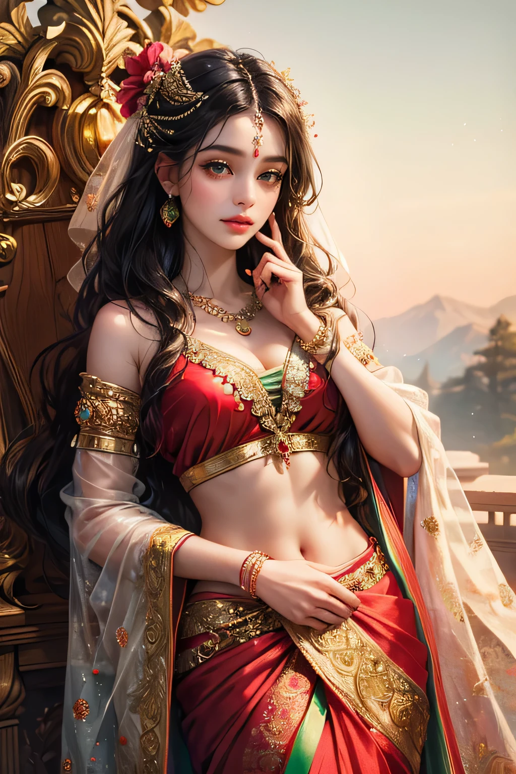 Preity Zinta, as 21 years old beautiful woman, wearing an ornate dark ghagra and a long blouse, eye mascara, eye shadows, long eye lashes, gold jewellery , large breasts, standing in a palace, upper body, front view, closeup, pubic hair visible