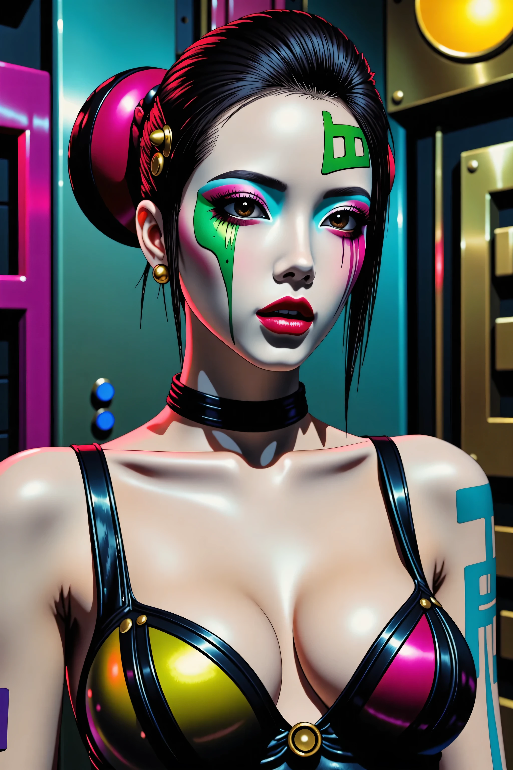 80’s glam rock makeup on shiny face, asian girl, anime, 2.5D, moody lighting, (green, pink, gold), pretty, sexy, minimal, sleek, slender, asian, elegant, futuristic, retro, sophisticated half human half machine, mouth open wide, Kizi，(eyes looking off to side), Highly detailed, Amazing work，Vitreous luster, blues, yellows, Best quality at best，shiny skin, no background, colorful background, green background, pink background, gold, background, plunging neckline, sexy pose, dynamic pose, heavy blushing, huge breasts, 