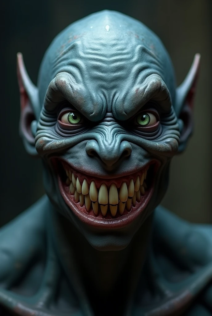A demon with a huge but closed smile, with pointed teeth between black and yellow with deep black eyes, with an elongated white face without a nose that is too scary
