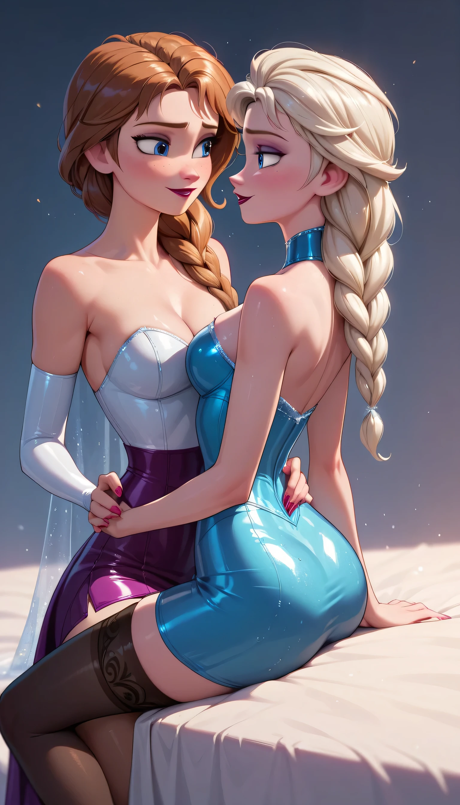 score_9, score_8_up, score_8_up, rating_explicit, source_cartoon, 2girls, (Elsa from Frozen, blonde hair, braids, sparkly ice blue swimsuit:1.6), (Anna from Frozen, brown hair, braided pigtails, purple swimsuit:1.4), yuri, girlfriends, lovers, sexy swimsuits, breasts exposed, Japanese bath, partially submerged, very detailed, beautiful eyes, beautiful face, beautiful lips, (passionate kissing:1.5), embracing, blush.