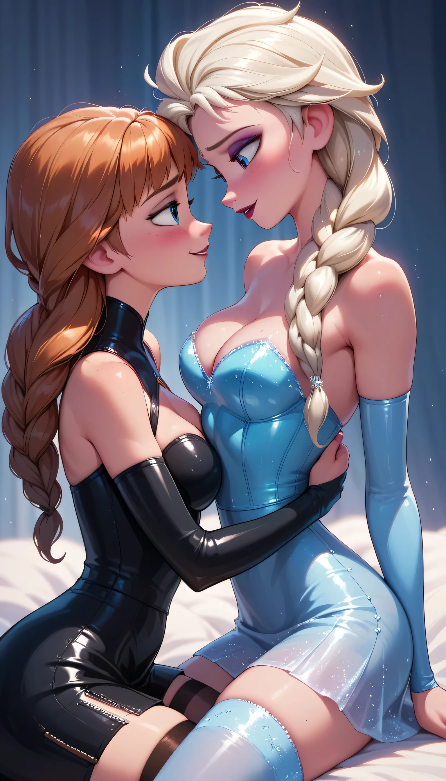 Sexy anna and elsa from frozen, sexy latex skirt and stockings, sexy looking at each other with deep passion
