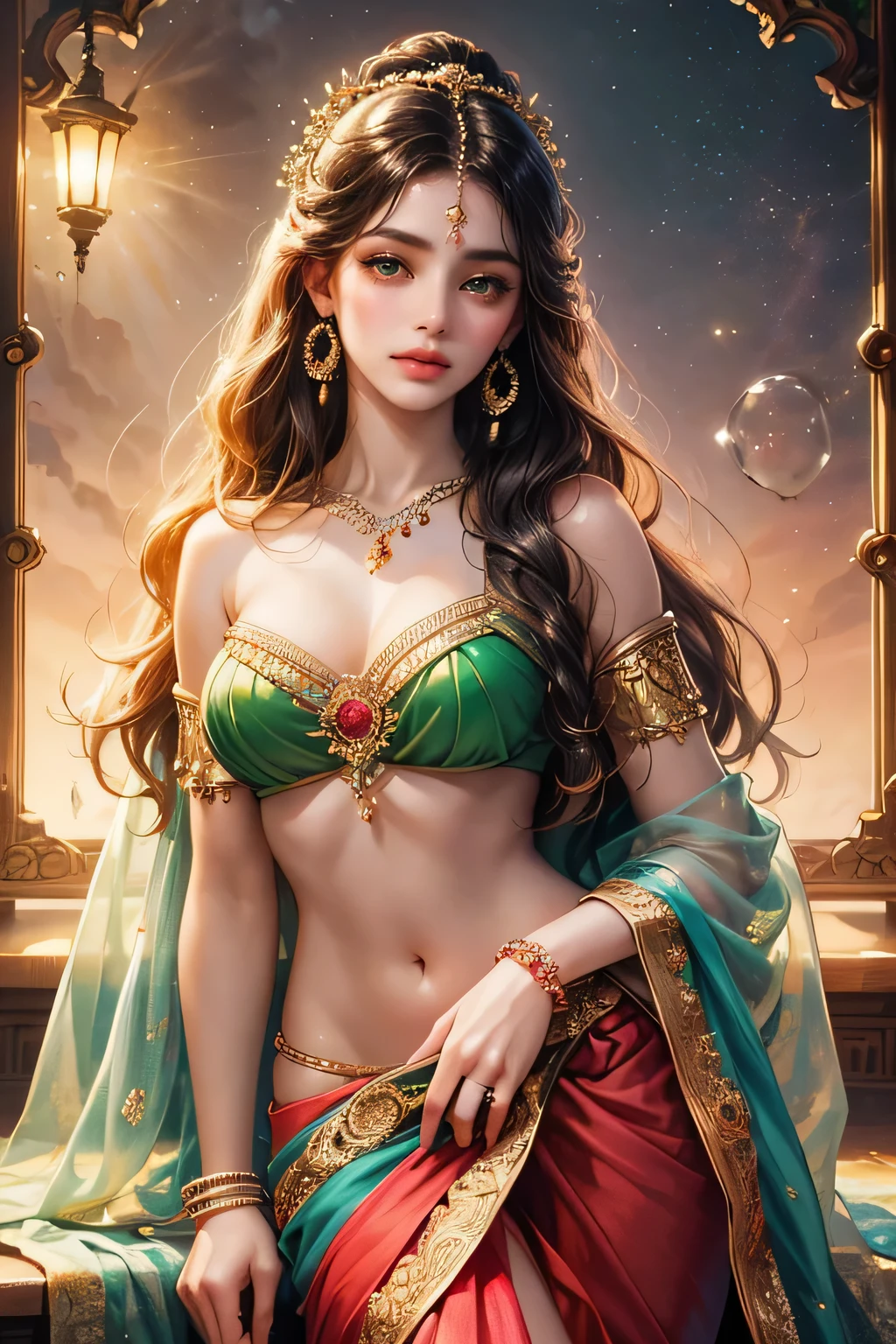 modelshoot style, (extremely detailed CG unity 8k wallpaper), full shot body photo of the most beautiful artwork in the world, stunningly beautiful photo realistic cute women in saree (navel:1.5), professional majestic oil painting by Ed Blinkey, Atey Ghailan, Studio Ghibli, by Jeremy Mann, Greg Manchess, Antonio Moro, trending on ArtStation, trending on CGSociety, Intricate, High Detail, Sharp focus, dramatic, photorealistic painting art by midjourney and greg rutkowski