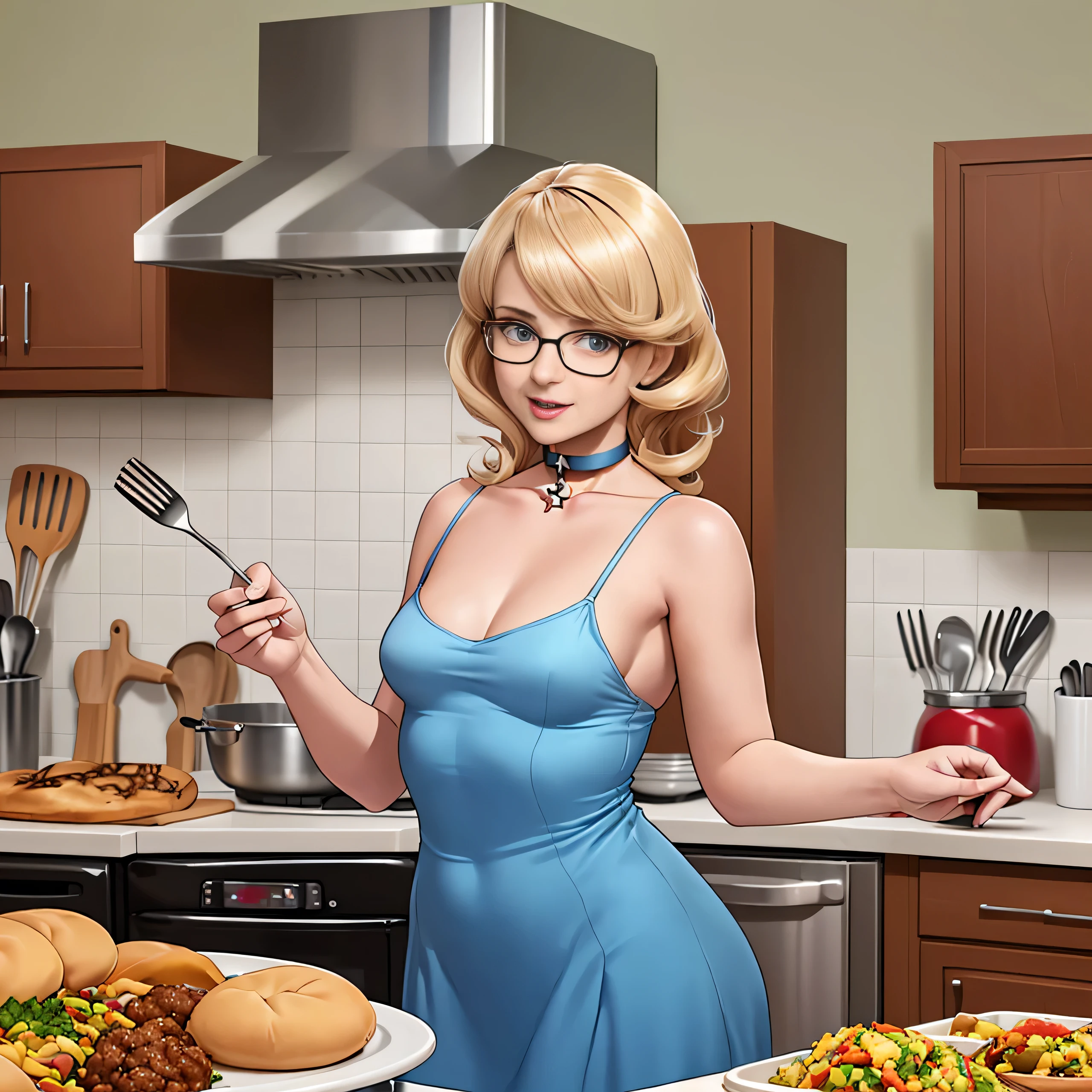 Bernadette Rostenkowski, (Bernadette Rostenkowski:1.5), masterpiece quality, (masterpiece quality:1.3), detailed, realistic, (realistic:1.3), 1girl, solo, (solo:1.9), 20 years old, in a 1950’s kitchen, (in a 1950’s kitchen:1.5), lots of food in background, (food in background:1.5), shoulder-length hair, (shoulder-length hair:1.5), wearing glasses, (wearing glasses:1.5), wearing choker collar, (choker collar:1.5), wearing blue sun dress, (blue sun dress:1.5), thin body, small breasts, (small breasts:1.5),
